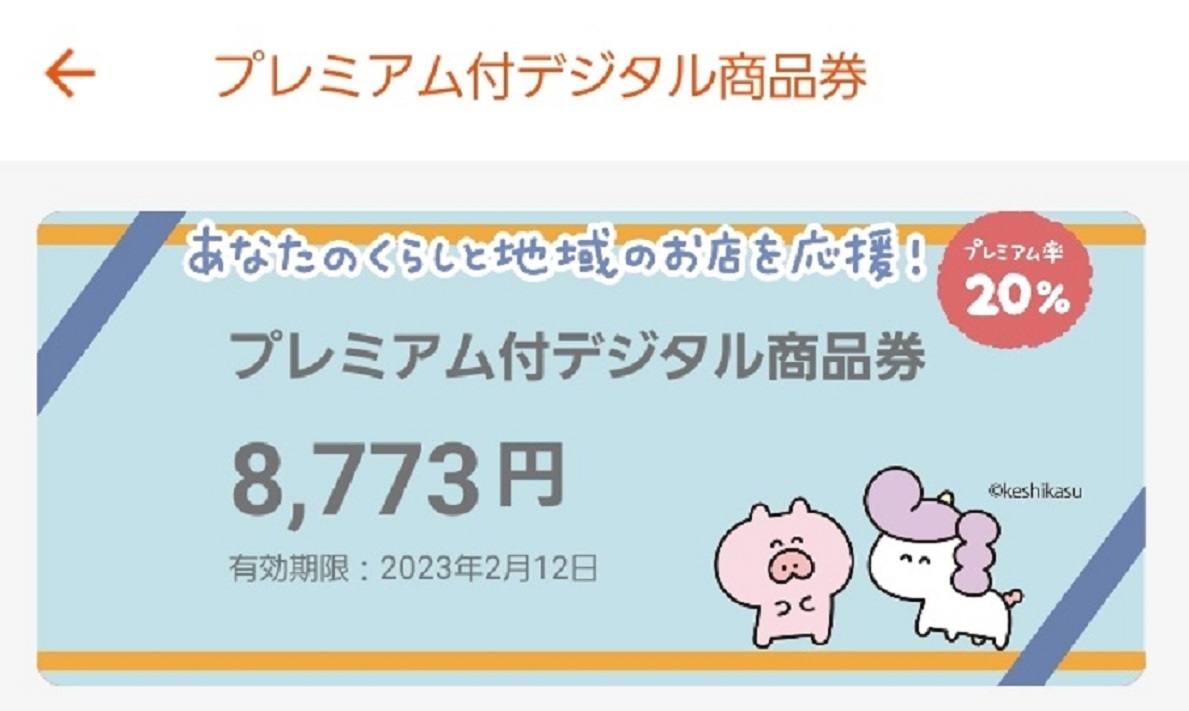 専用アプリに表示された、商品券残額（12,000円分購入・使用途中の画面）