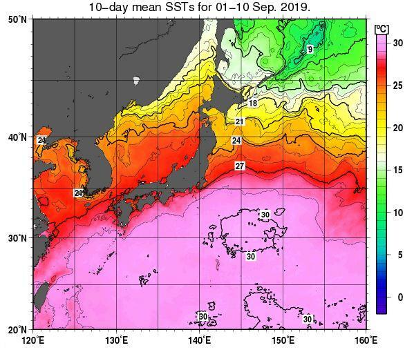 出典：気象庁　日本近海の月平均海面水温分布図（2019年9月）