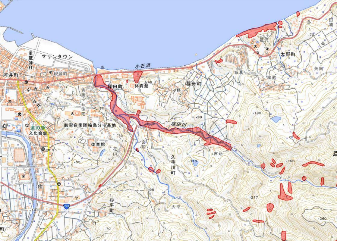 出典：国土地理院　令和6年（2024年）9月20日からの大雨に関する情報　斜面崩壊・土石流・堆積分布図「輪島西」を筆者加工