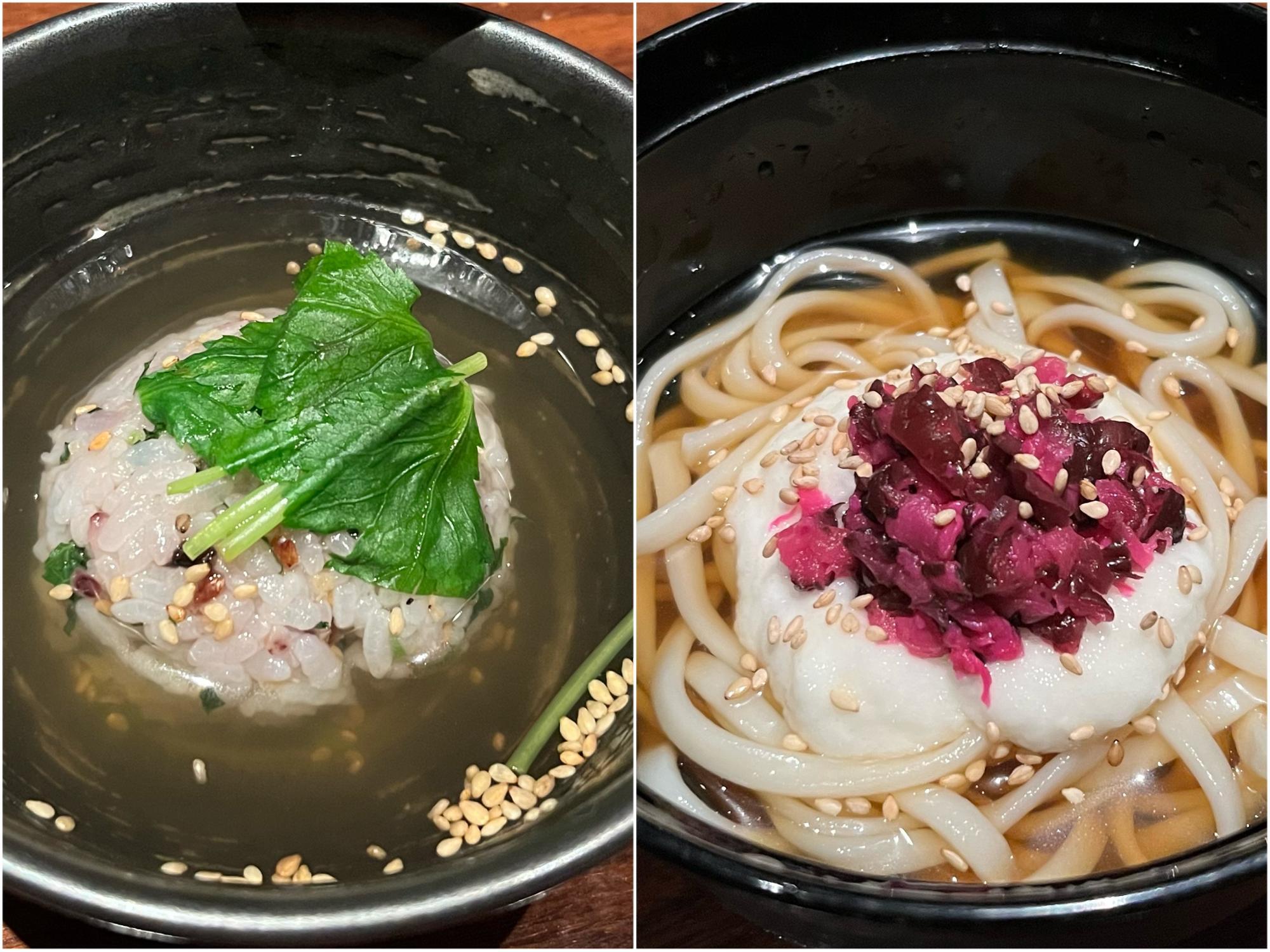 左：十八穀米と野沢菜ちりめん混ぜご飯、右：季節のうどん