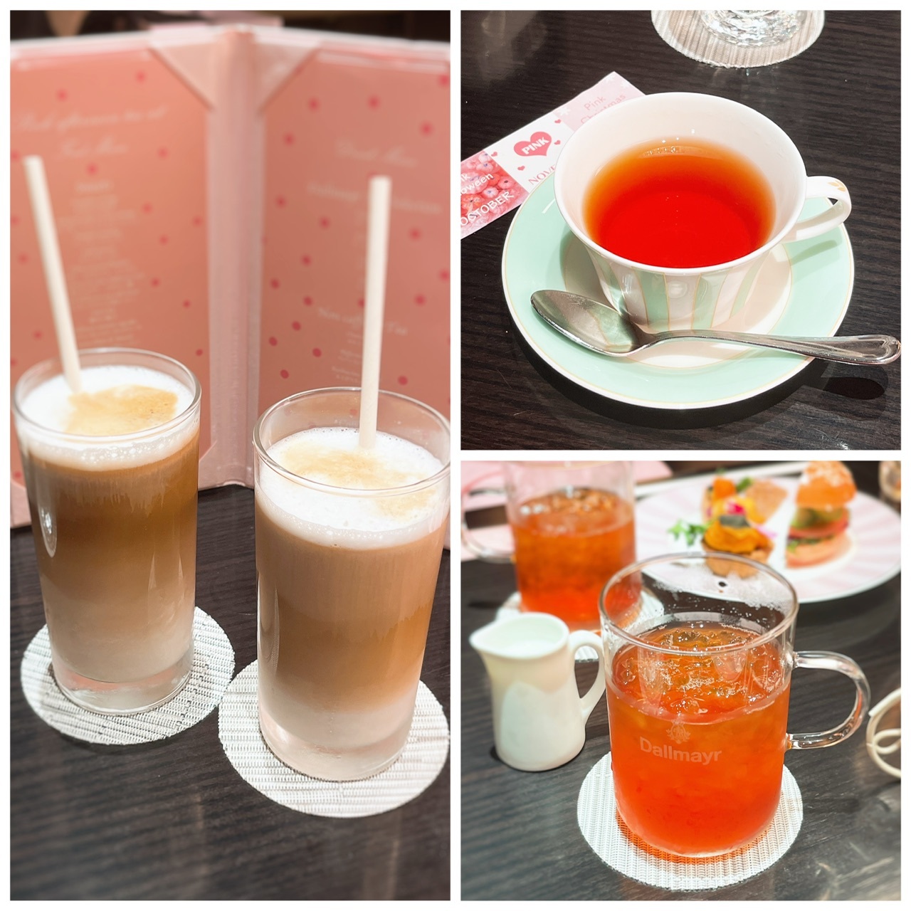 左：アイスラテ、右上：ダルマイヤー紅茶ダージリン、右下：ダルマイヤー紅茶アイスアールグレイ