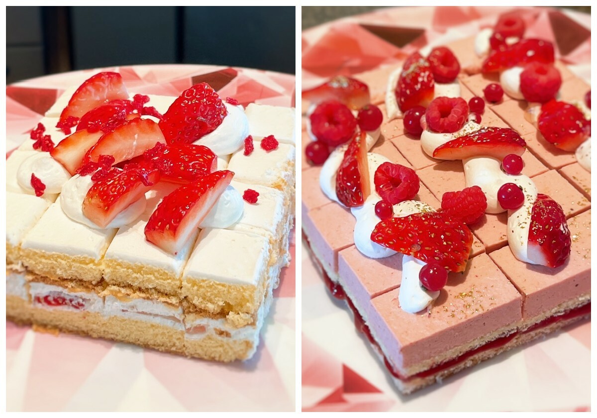 左：ストロベリーショートケーキ、右：苺とラズベリーコンフィチュールのムースケーキ