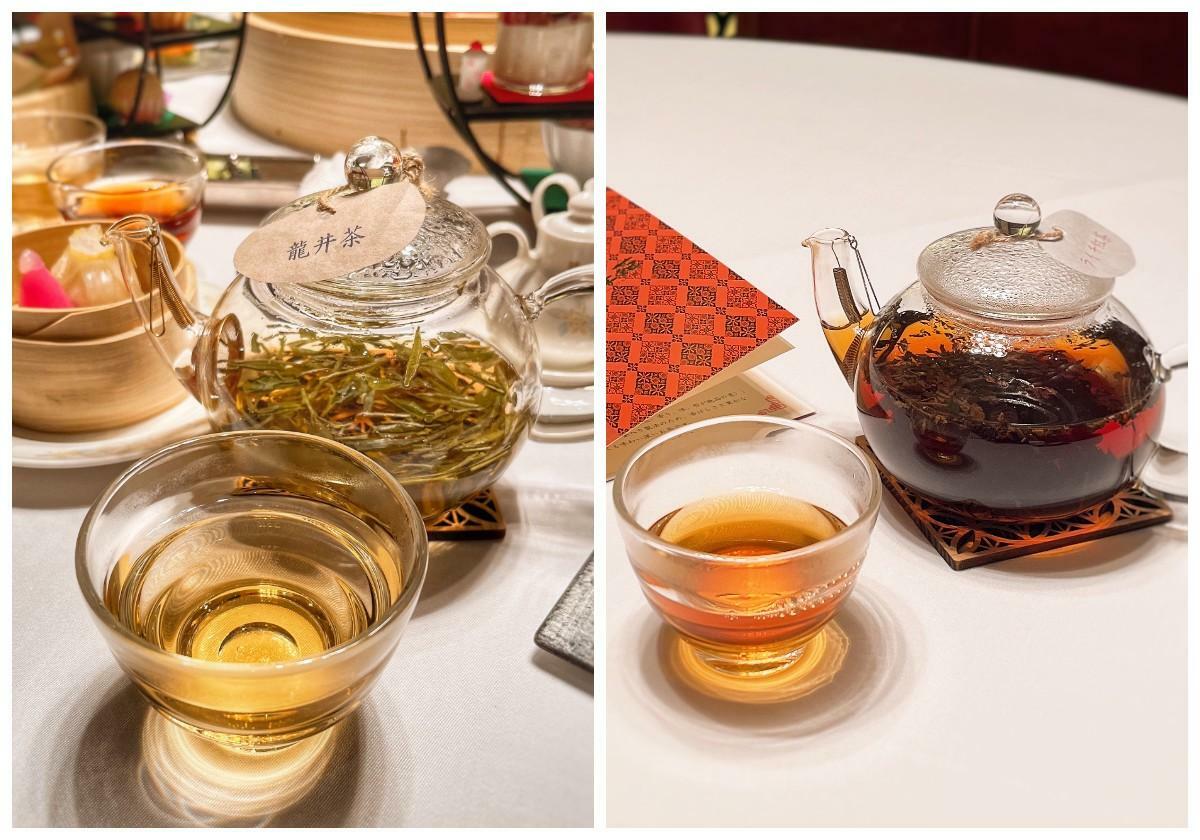 左から、龍井茶（ロンジンチャ）、ライチ紅茶