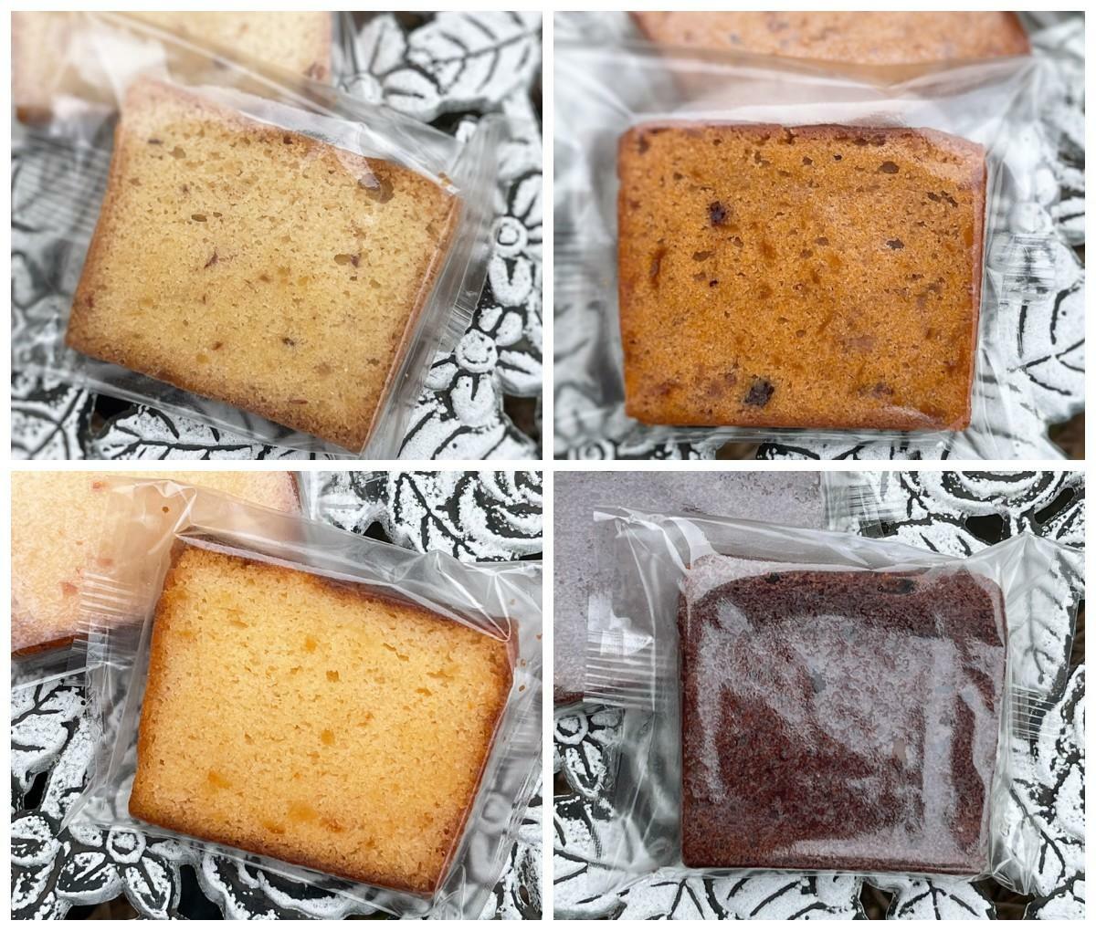 左上：マロンパウンドケーキ、右上：キャラメルアップルパウンドケーキ、左下：オレンジパウンドケーキ、右下：チョコレートパウンドケーキ