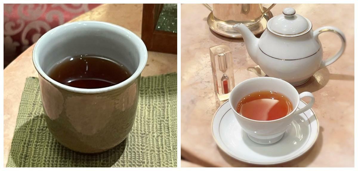 左：「日本茶きみくら」のほうじ茶、右：「日本茶きみくら」の和紅茶