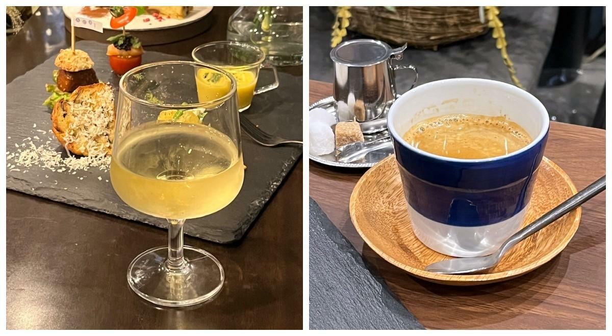 左：白ワイン、右：ホットコーヒー
