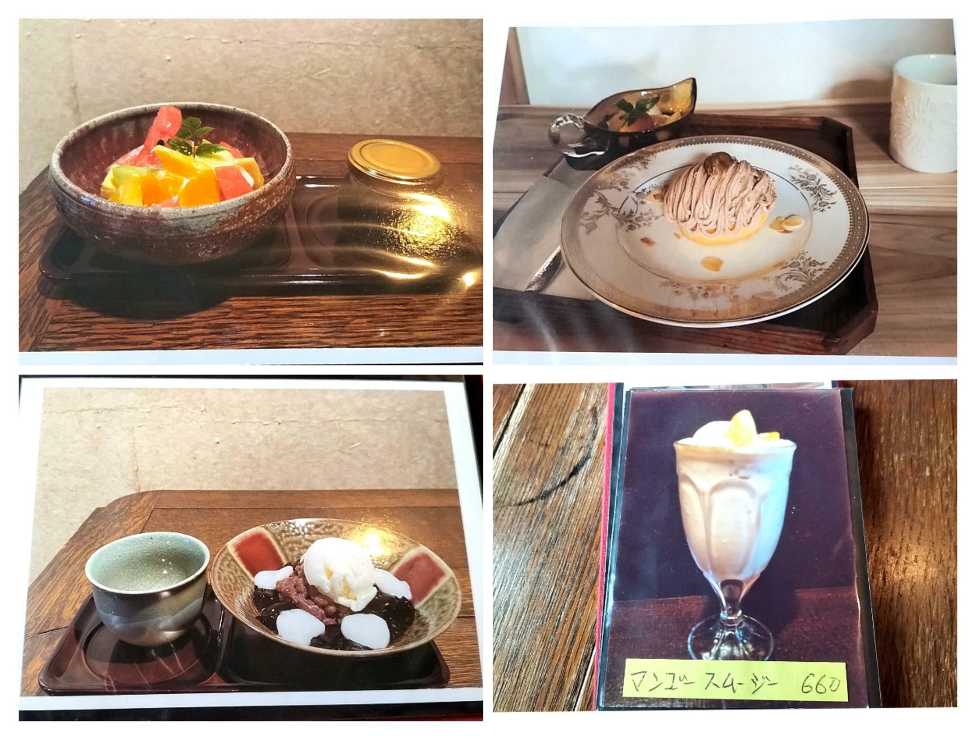 ※左上：フルーツトライフル、右上：モンブラン、左下：コーヒーゼリーぜんざい(660円)、右下：マンゴースムージー