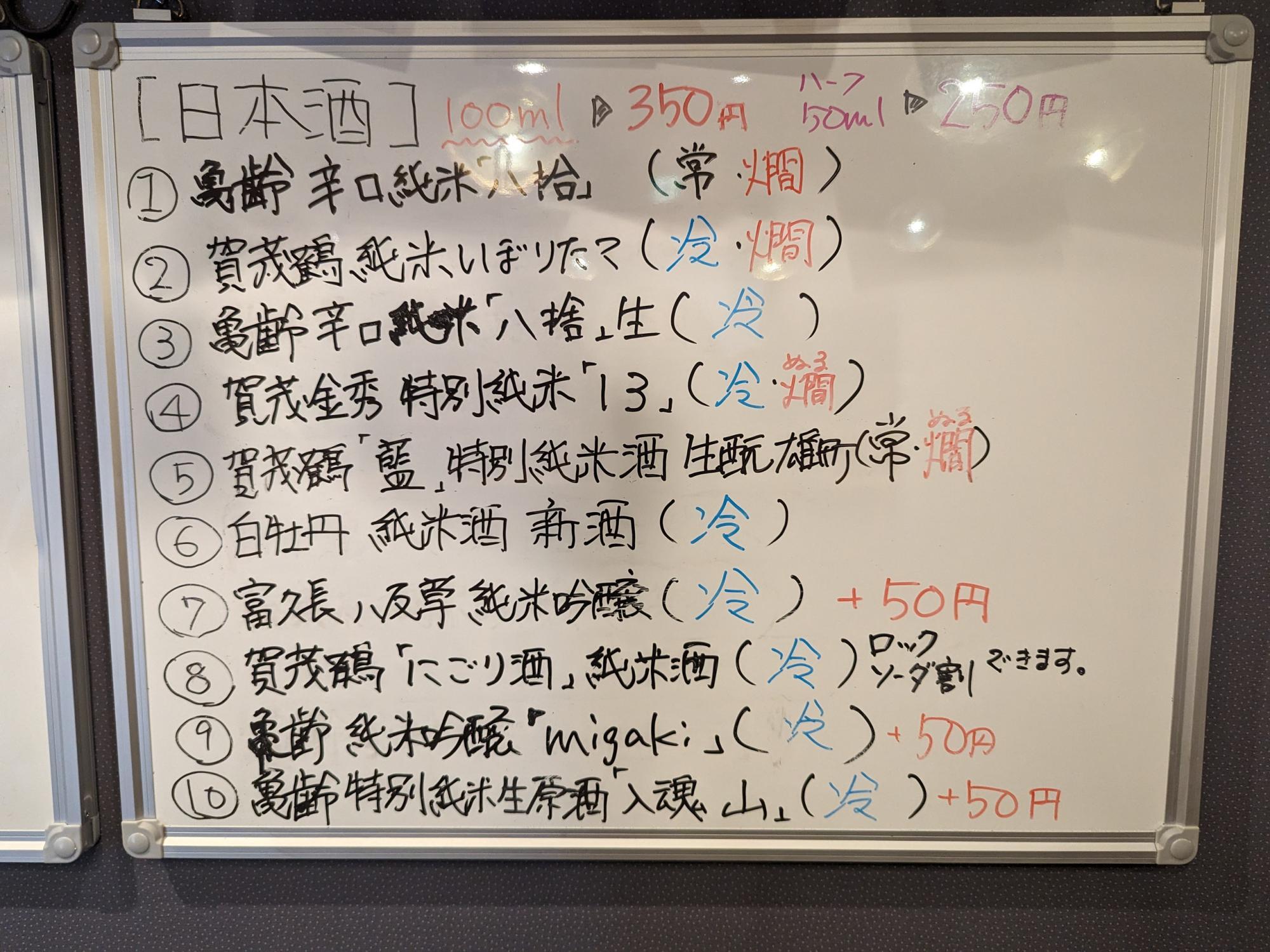 「立飲みぜろ次屋」のメニューの一部（2024年5月時点）