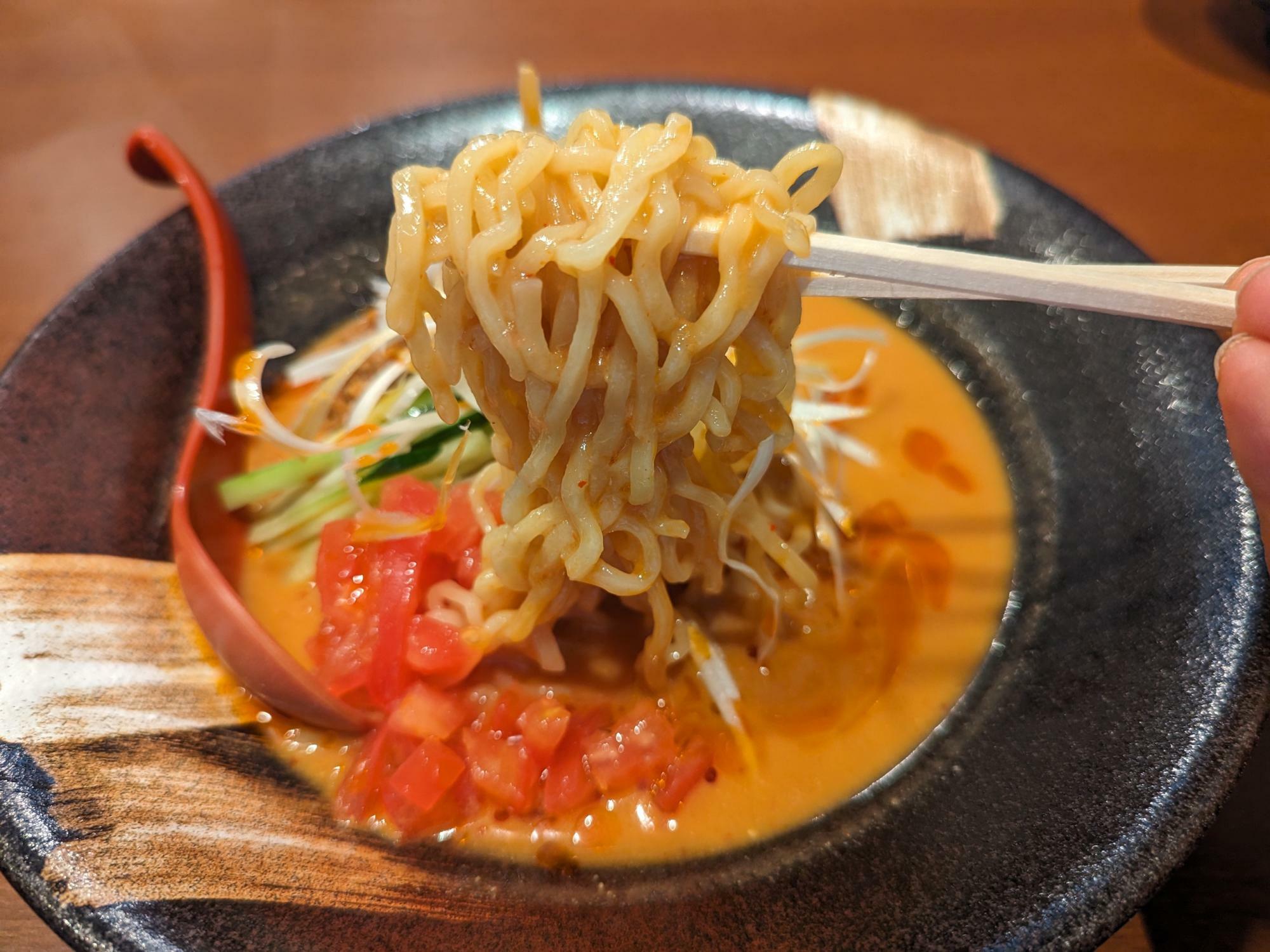 太麺が濃厚スープに絡んで食がすすみます。