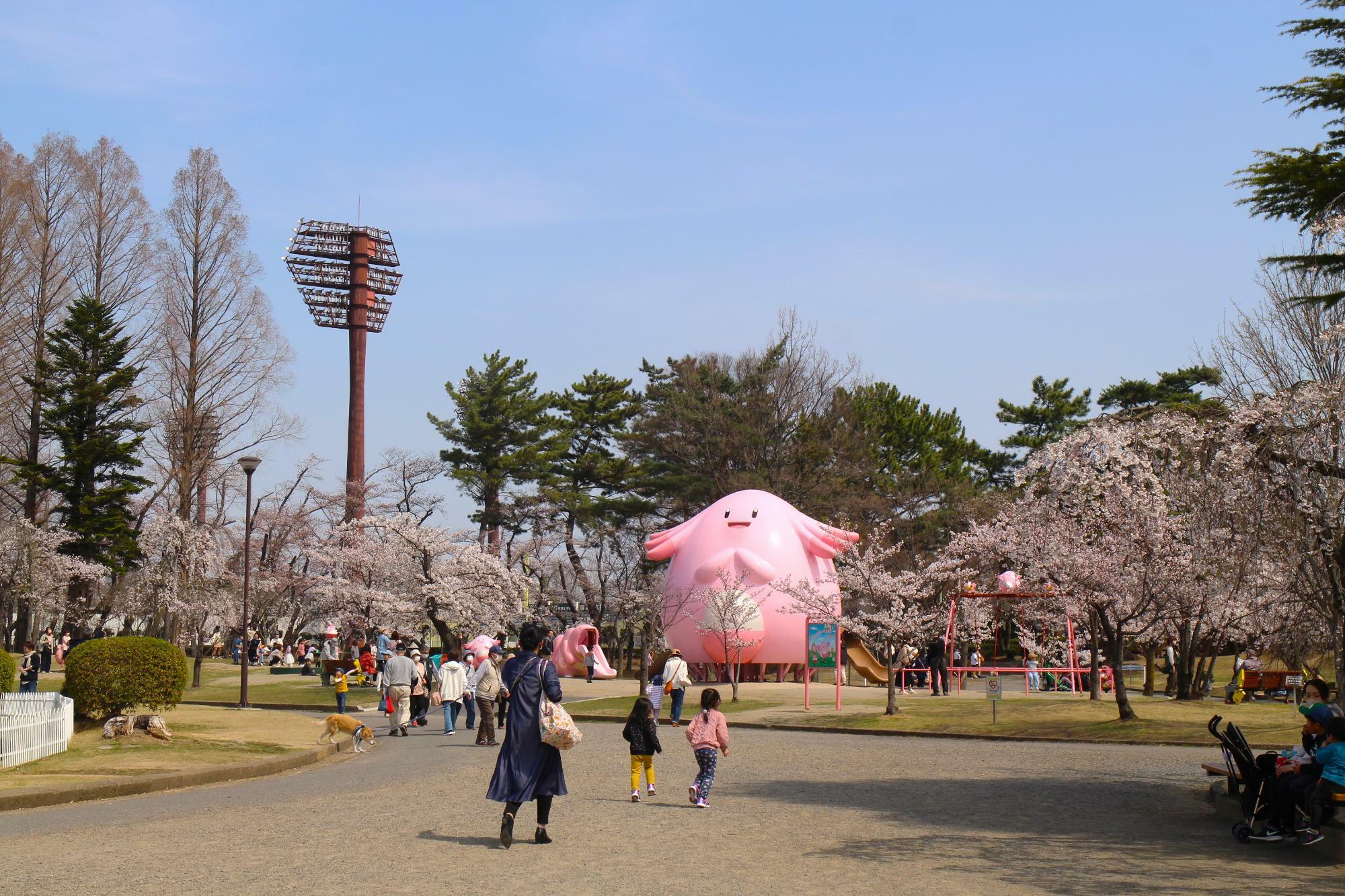 昨年オープンした「ラッキー公園」。桜とラッキーの共演が見れるのはこの時期だけ