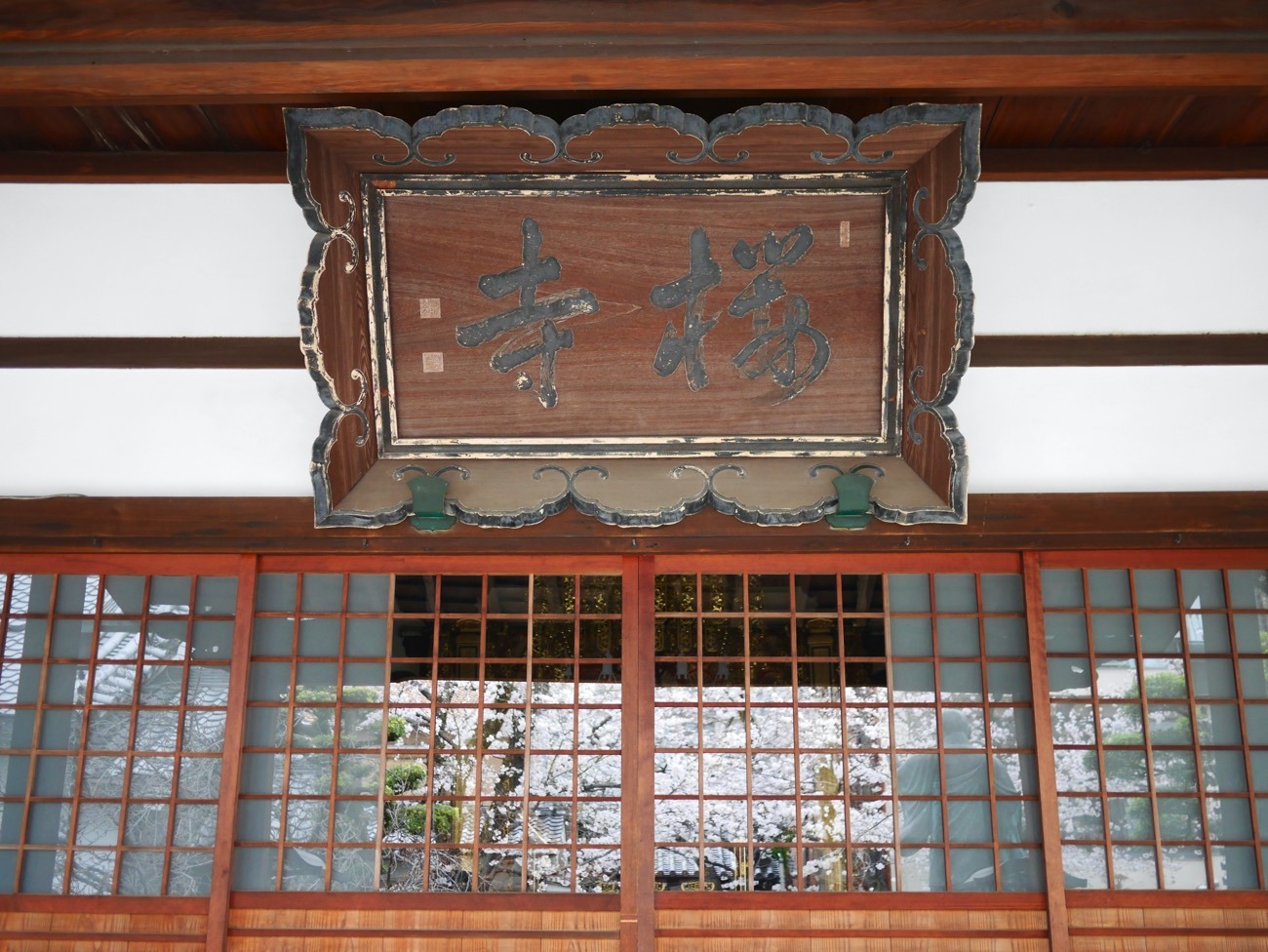 「桜寺」の扁額（へんがく）と格子窓に映る満開の桜