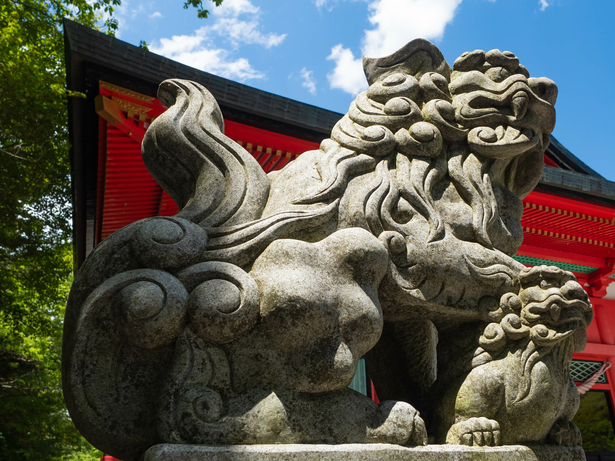 赤城神社の狛犬。大きな狛犬と瓜二つの小さな狛犬が可愛らしい。