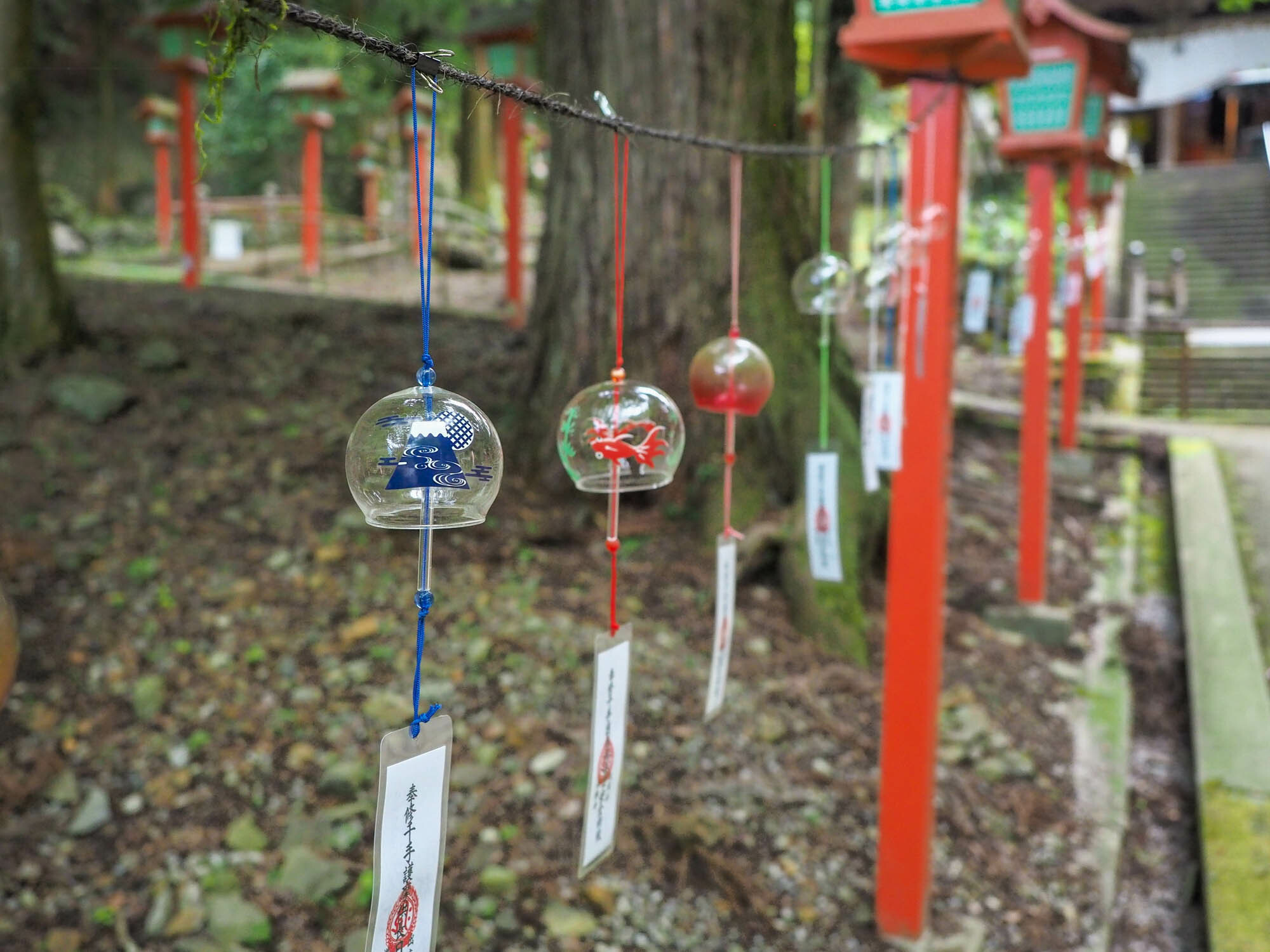 金魚や富士山の描かれたガラスの風鈴。短冊には参拝者の願い事が書かれている。
