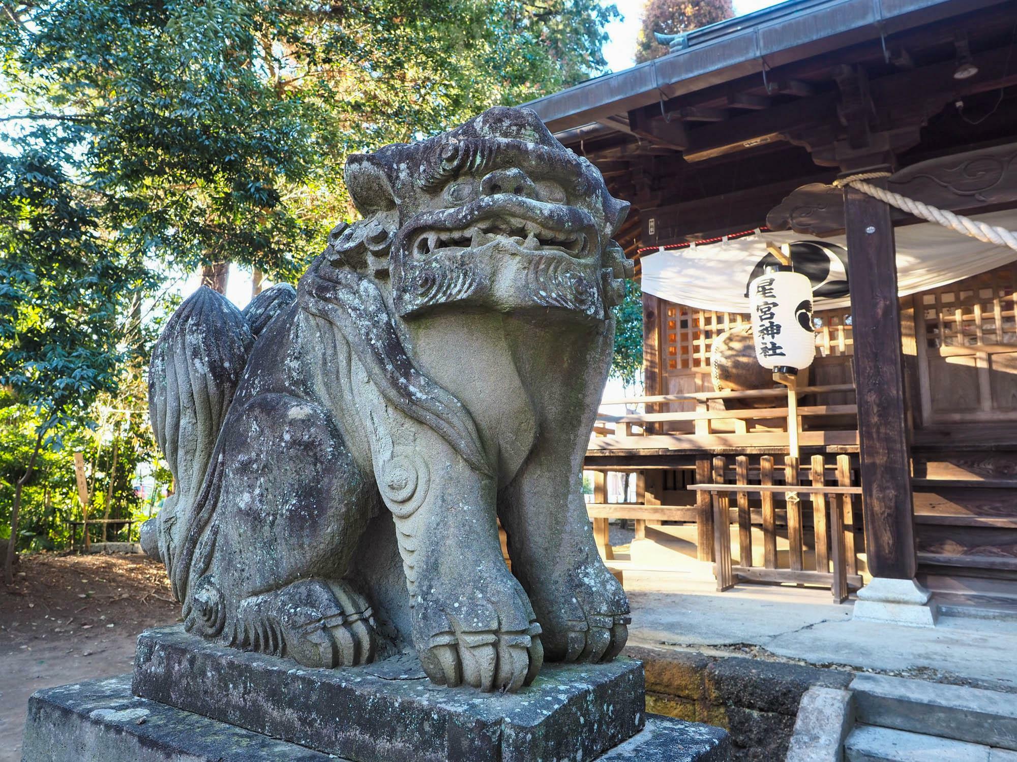 平柳星宮神社の狛犬　コロンとした丸っこい体つき　尾までフカフカな様子なので見て欲しい　表情も穏やかだ