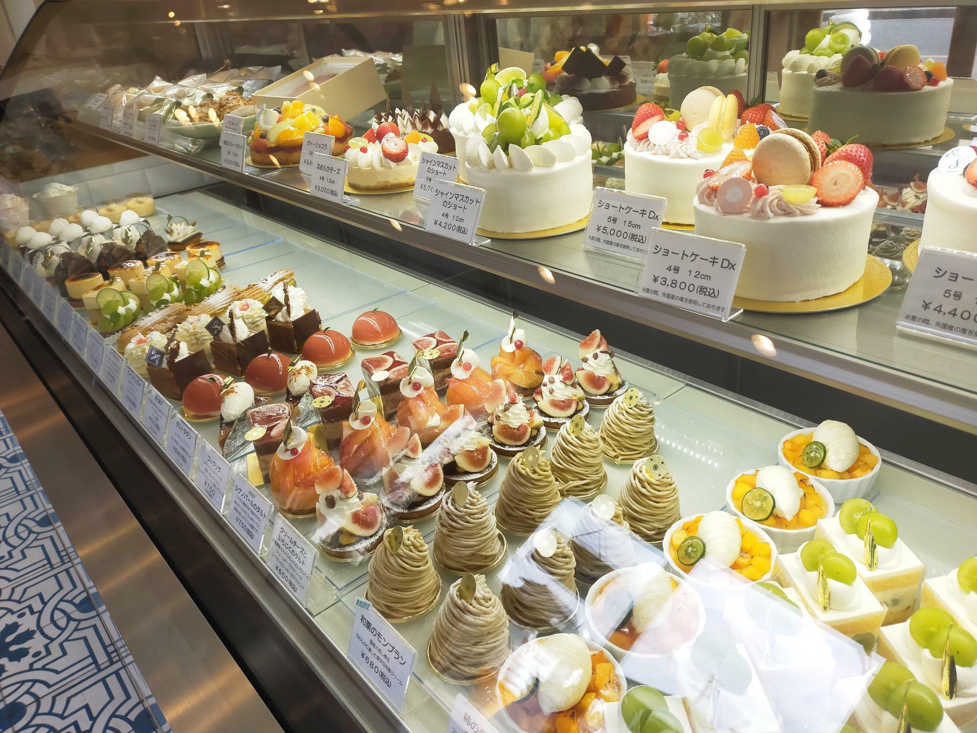 「& cakes 8゜」のショーケースのケーキ