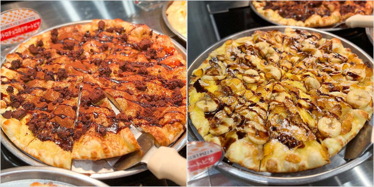 左：「クアトロチョコのデザートピザ」、右：「チョコバナナのデザートピザ」