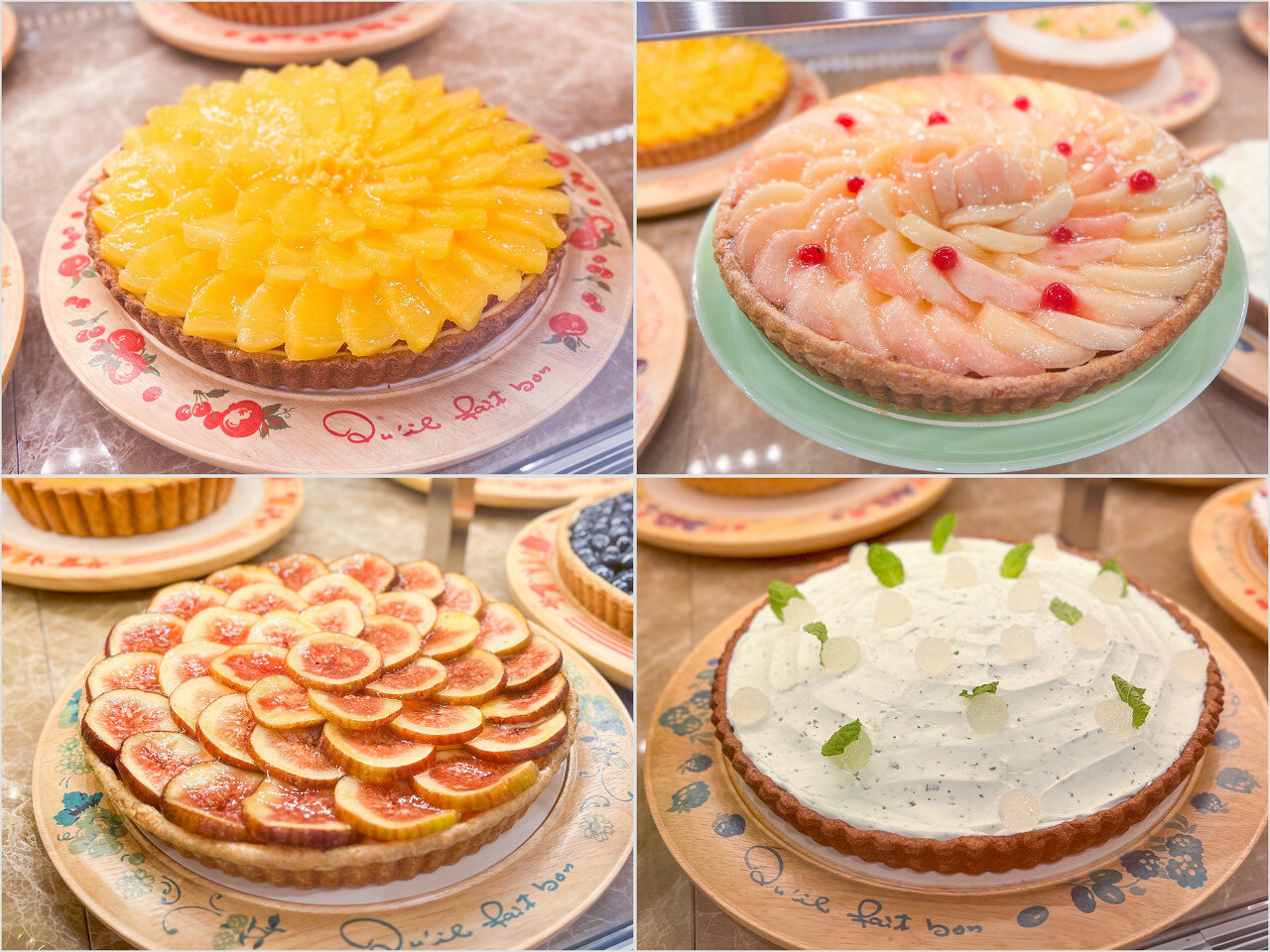 左上：「ゴールデンパインと“ル ガール”クリームチーズのタルト」、左下：「福岡県産イチジク“とよみつひめ”のタルト」、右上：「桃のタルト」、右下：「チョコレートとミントのタルト」