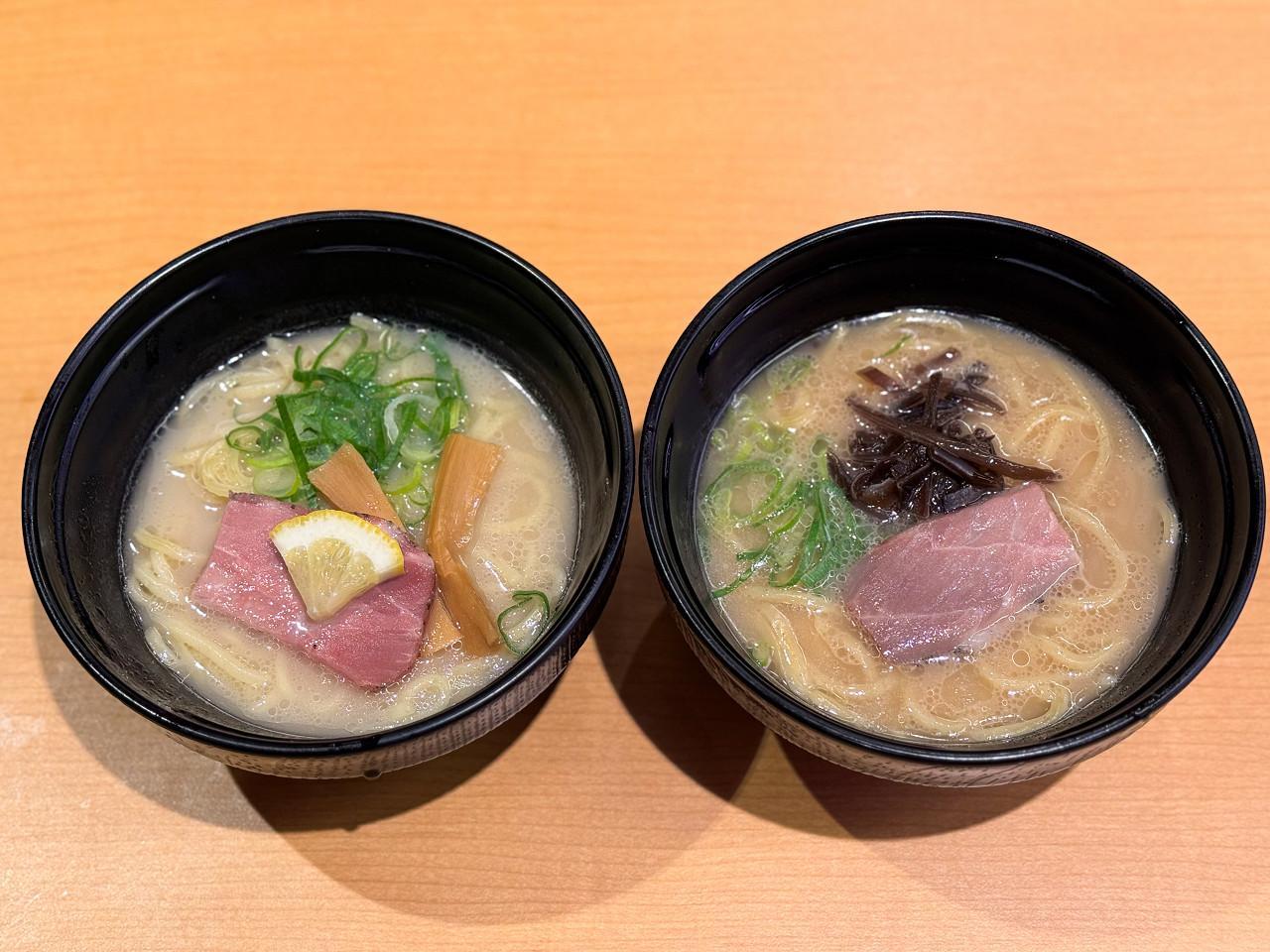 左：○de▽監修「鯛白湯ラーメン」460円～（税込）右：博多 一幸舎監修「あっさり豚骨ラーメン」480円～（税込）※店舗によって価格が異なる　販売期間：2025年1月8日～1月26日（日）