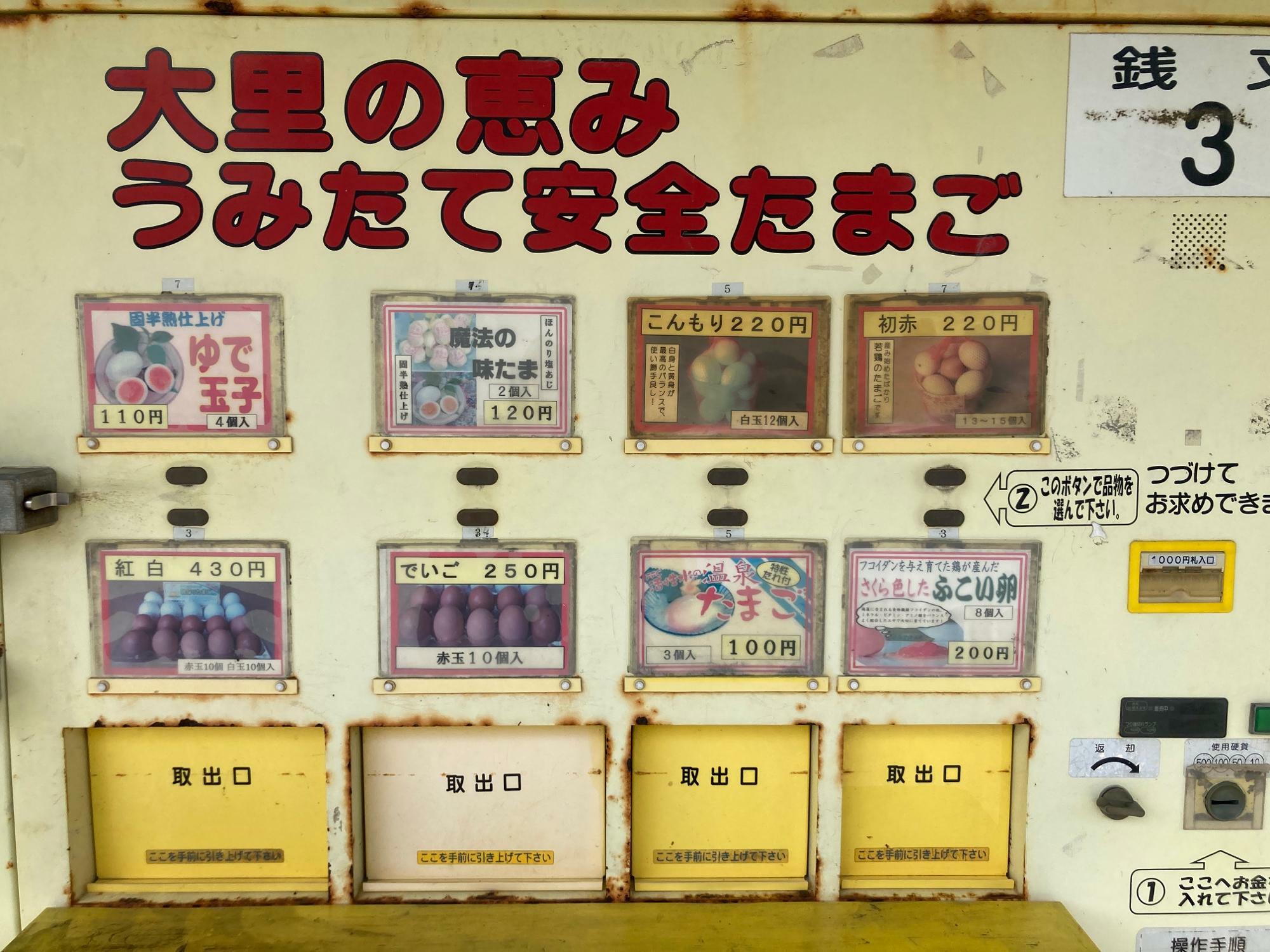 卵の自販機。お金を入れて商品を選択すると、下の取り出し口から出てきます。お札は1000円札まで。