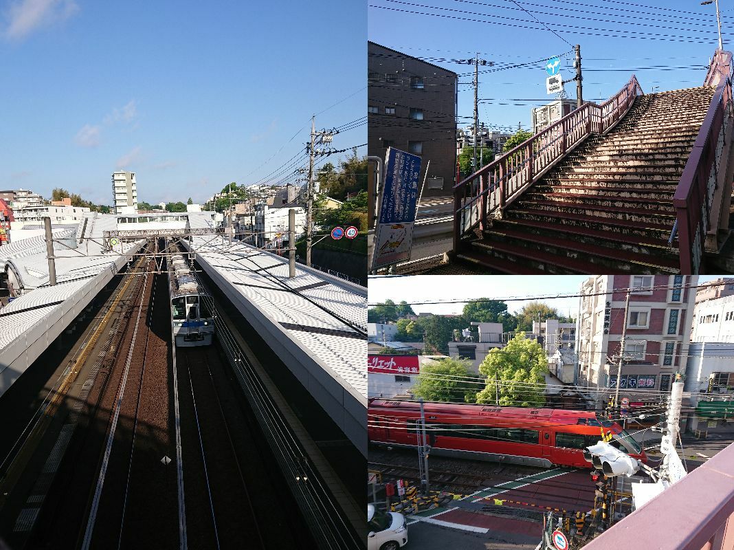 左：小田急読売ランド駅に停車する普通電車、右：歩道橋と小田急ロマンスカー