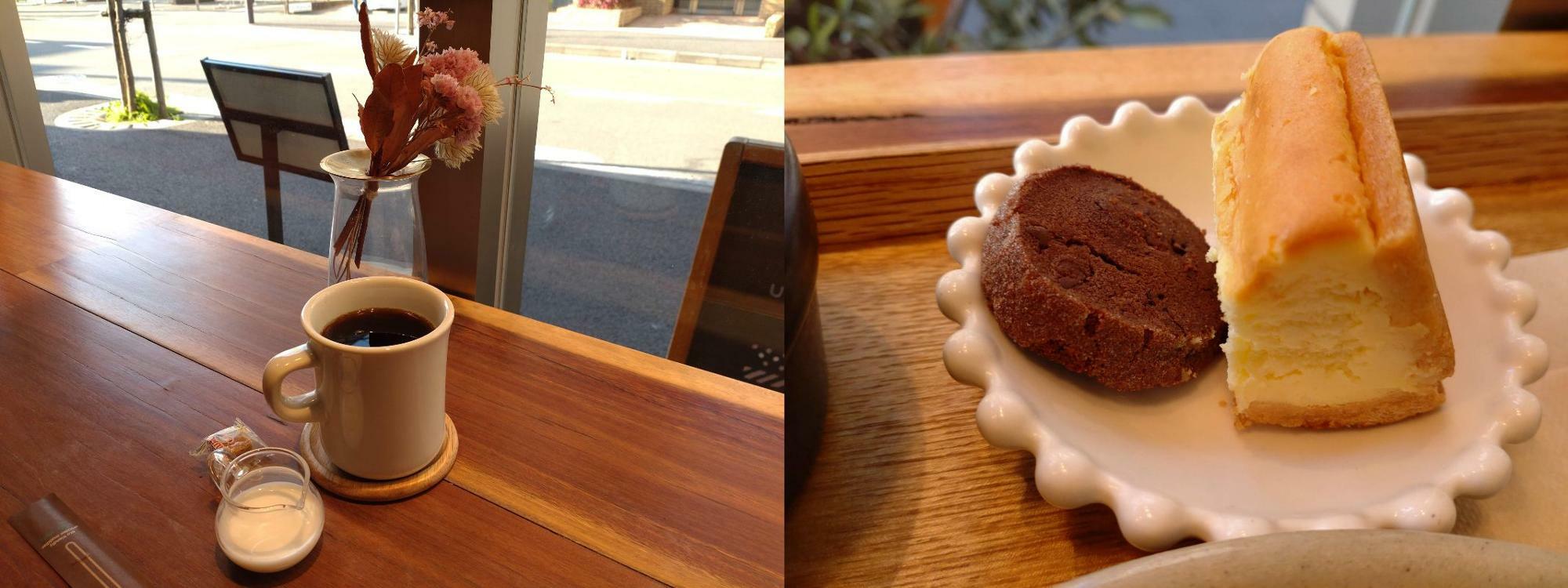 左：ホットコーヒー／右：ディアマンショコラクッキーとチーズタルト