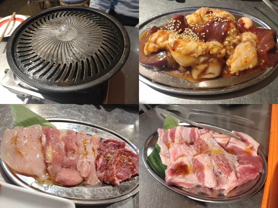 上段：ミックスホルモン／下段左：鳥肉＋牛肉／下段右：豚肉