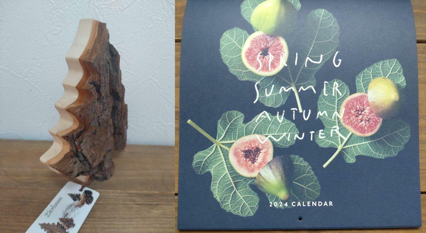木をくりぬいて作られたツリー（税込1,320円）／お野菜カレンダー（税込1,320円）