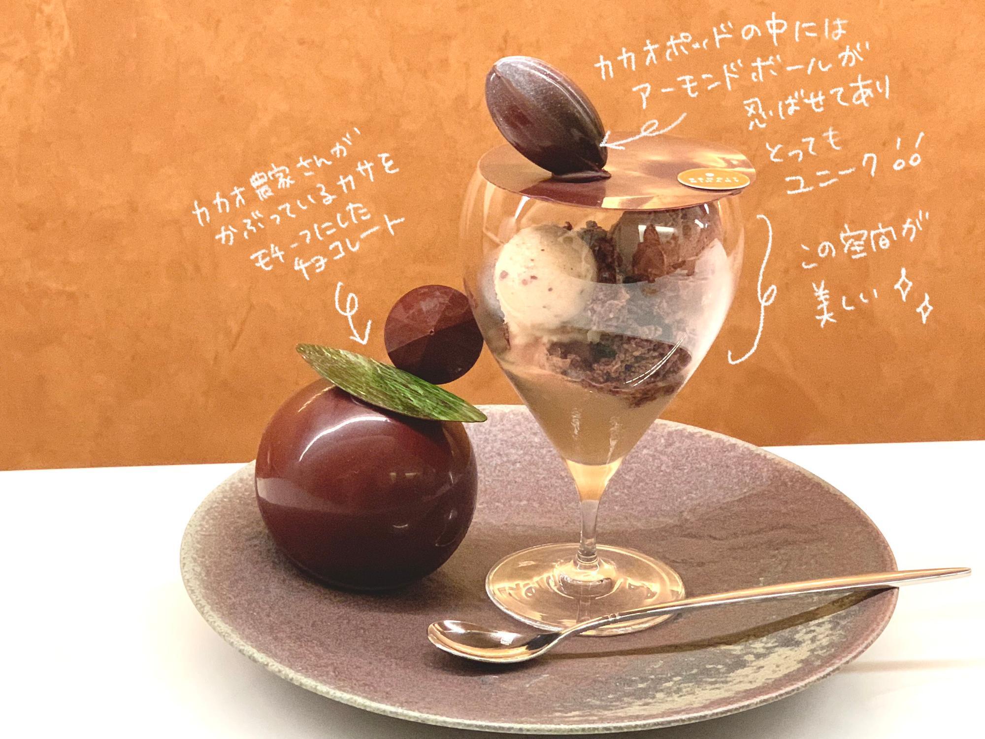 球体のチョコレートを外すとカカオポッドのチョコレートが現れる