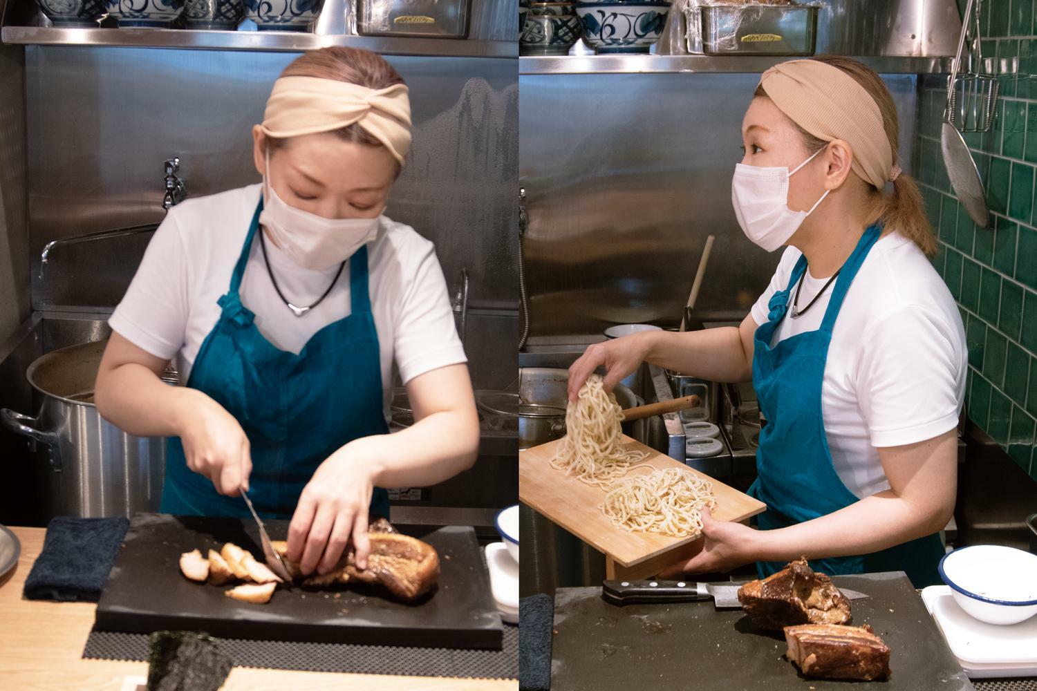 目の前で提供分毎にチャーシューを切り、麺をほぐし丁寧な作業をされているはるちゃん