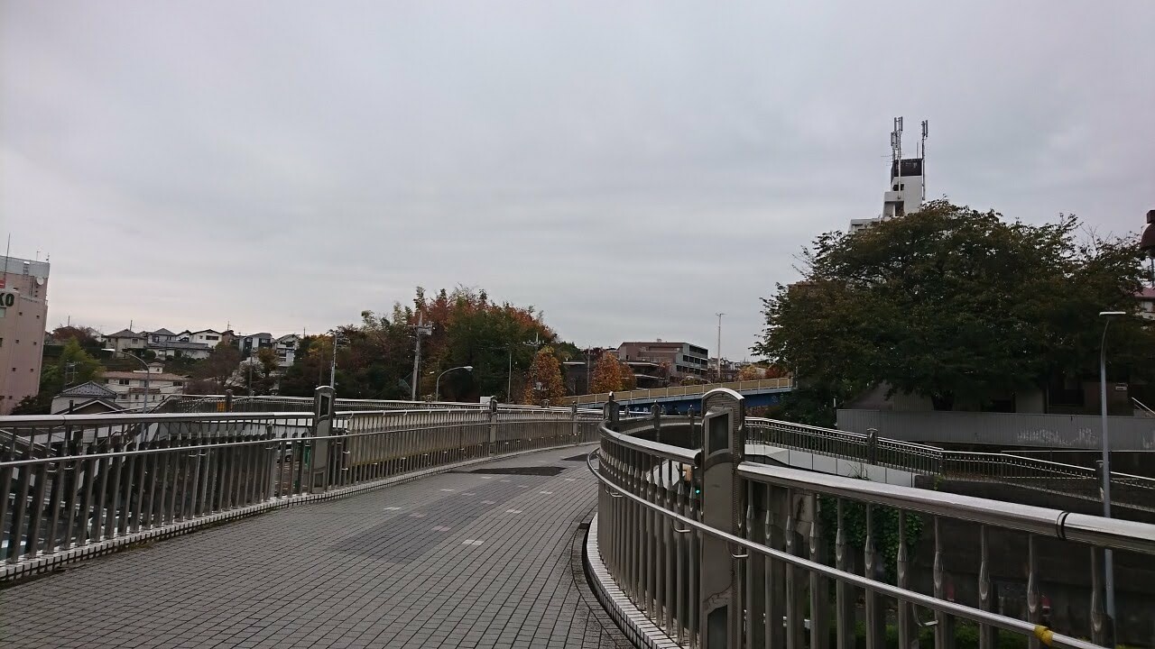 「江田駅東」交差点にかかる、大きな歩道橋を渡ります。