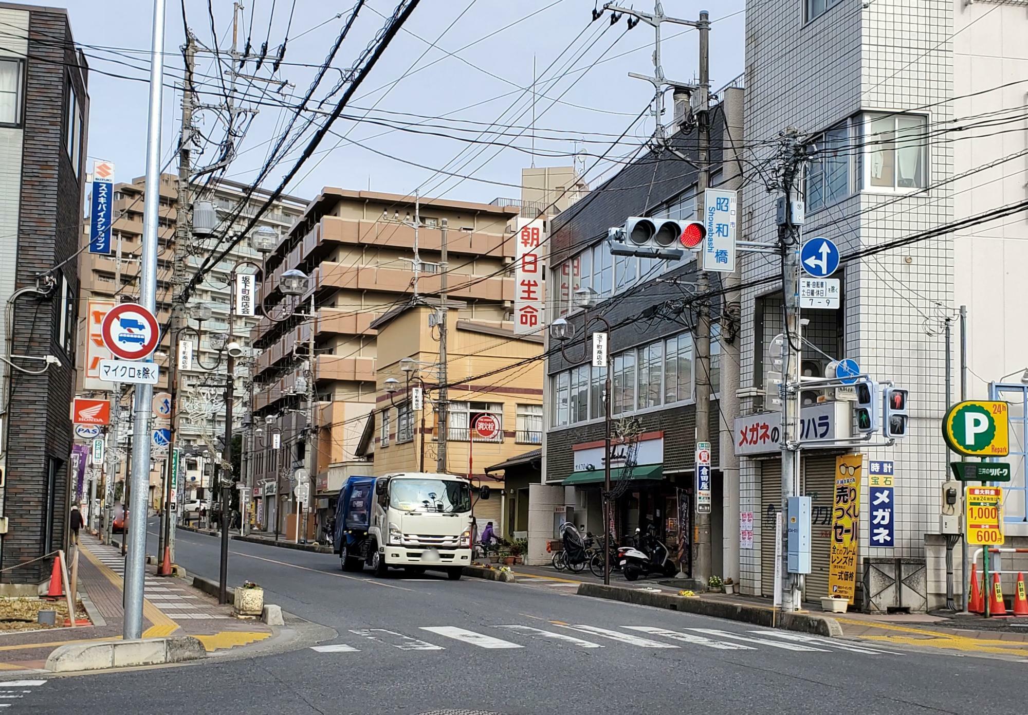 昭和橋交差点、写真の奥に露店が並びます。