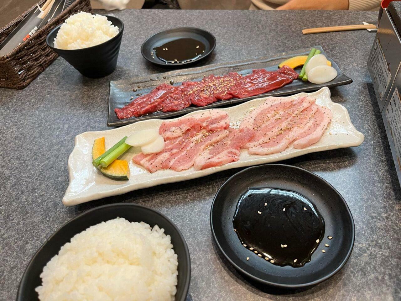 奥「ハラミ定食」/ 手前「豚バラ豚トロ定食」