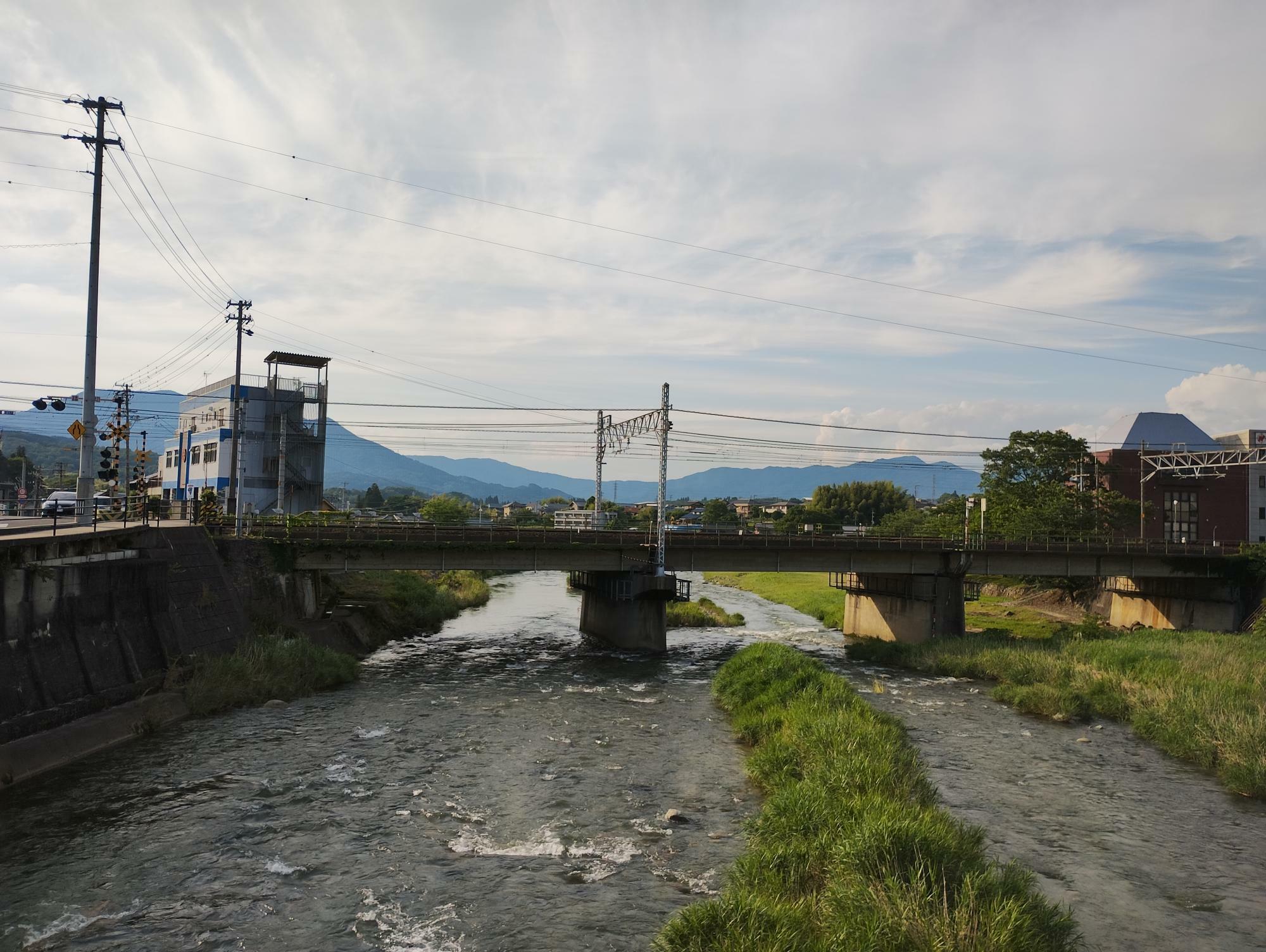 中央本線、恵那駅手前の踏切と風景。左は名古屋方面、右は中津川方面