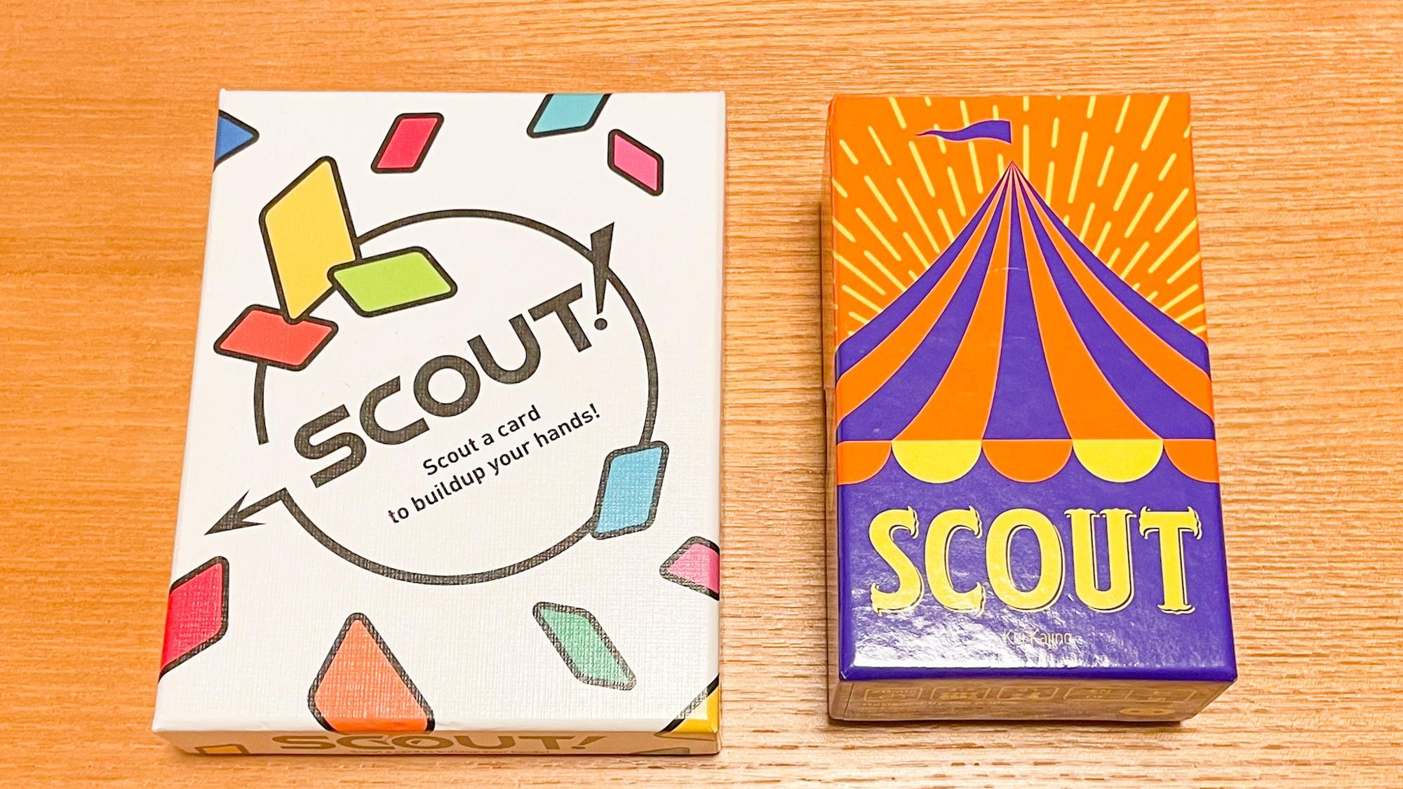 ワンモアゲーム！版「SCOUT!」（写真左）とオインクゲームズ版「SCOUT」（写真右）