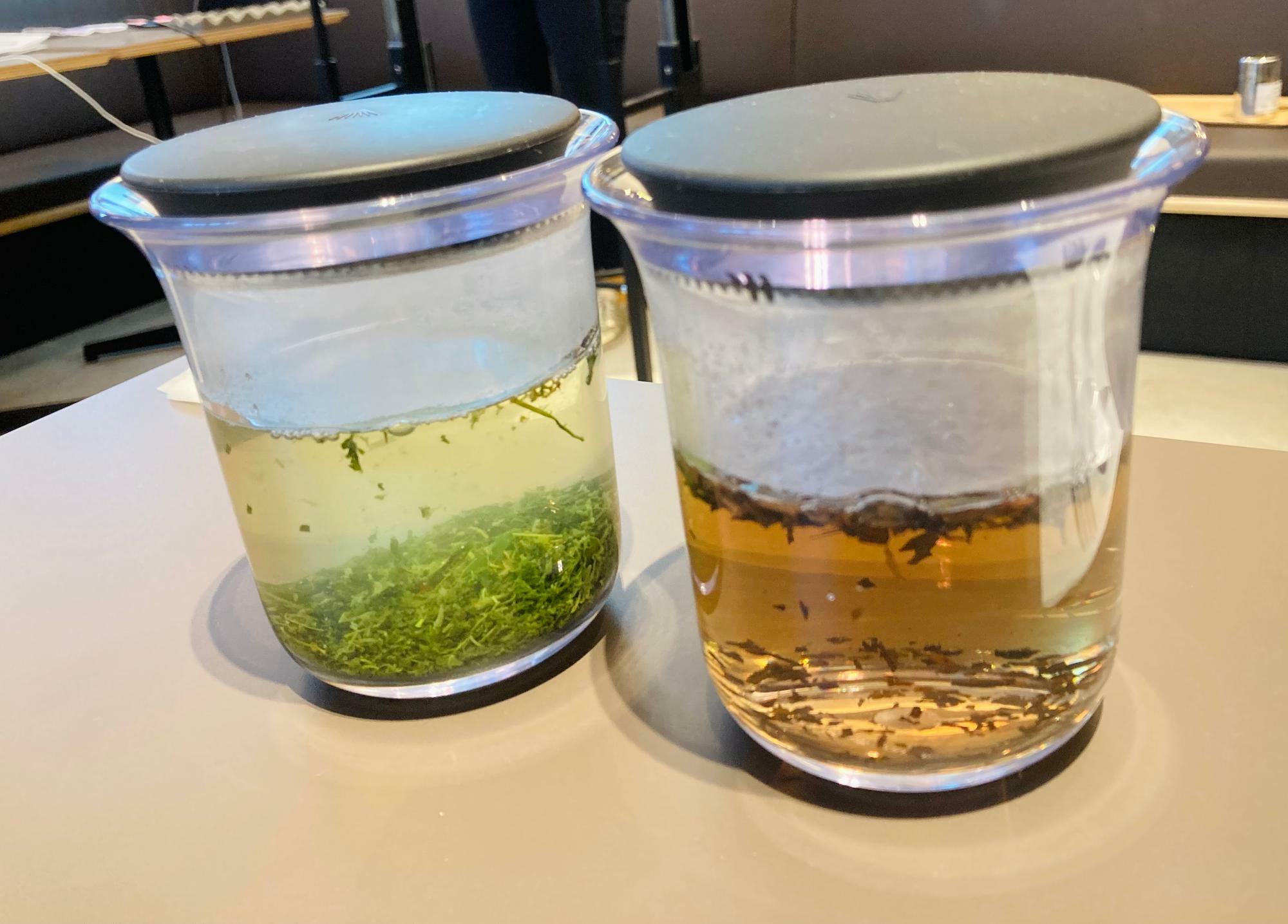 茶葉を入れてお湯を注いだ状態。左は普通煎茶、右はほうじ茶。どちらも静岡県藤枝産のオーガニックのものだそう。ふたのギザギザのスリットが茶こしの役割をしています。