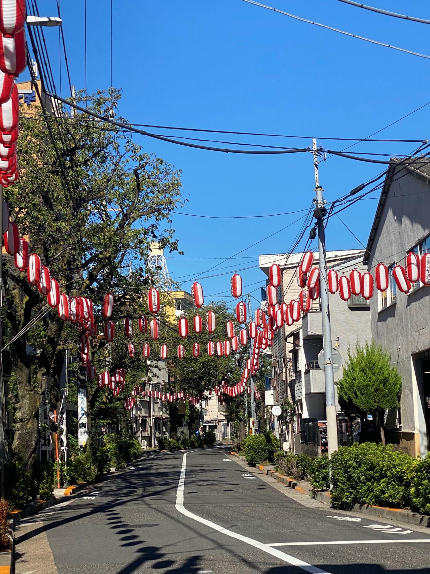 「元宿神社」前の通りは、提灯でぎっしり！