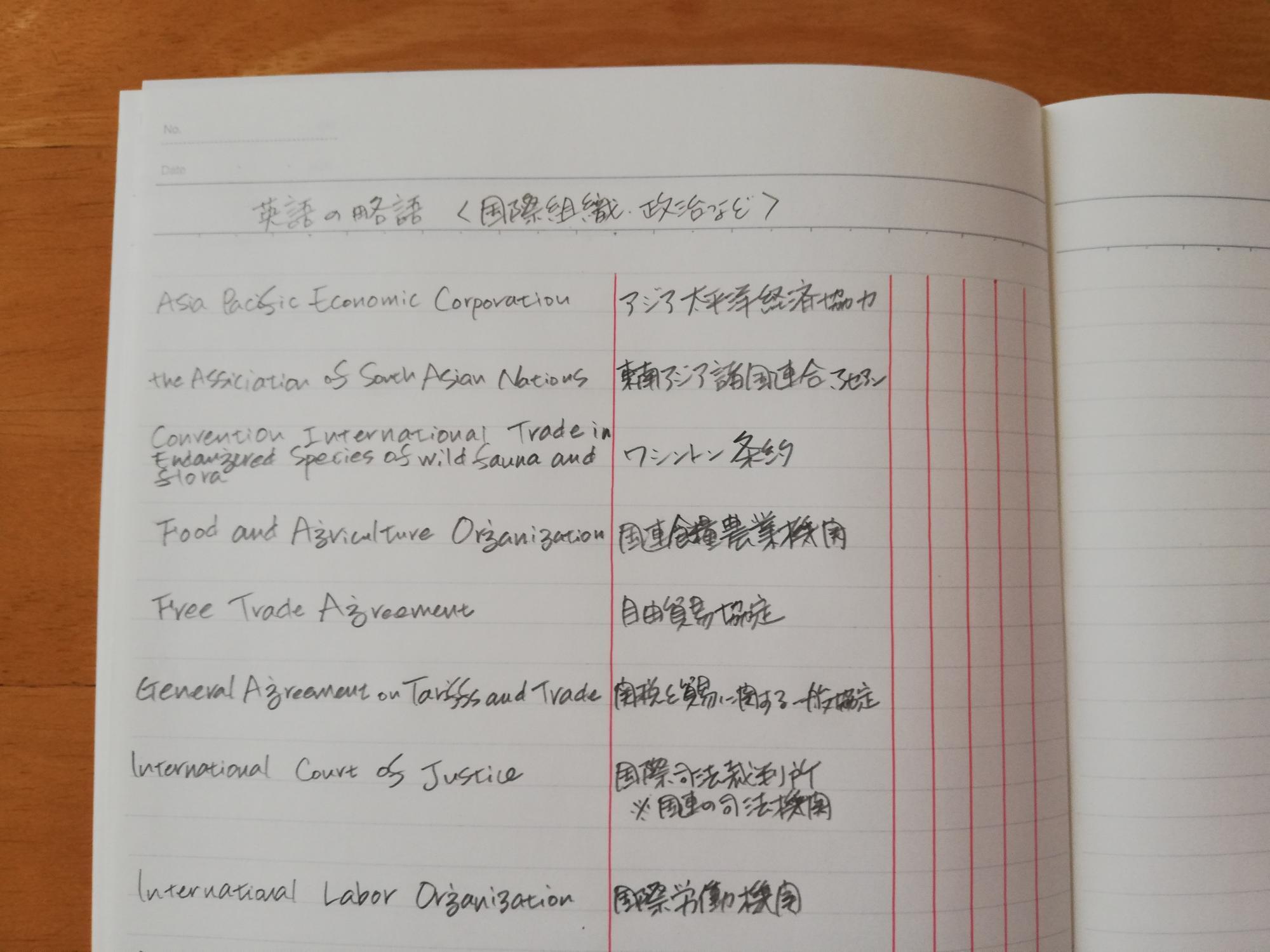 ▲国際組織・政治などを示す英語の略語を覚えるために、英語でのフル表示と日本語名称を記入