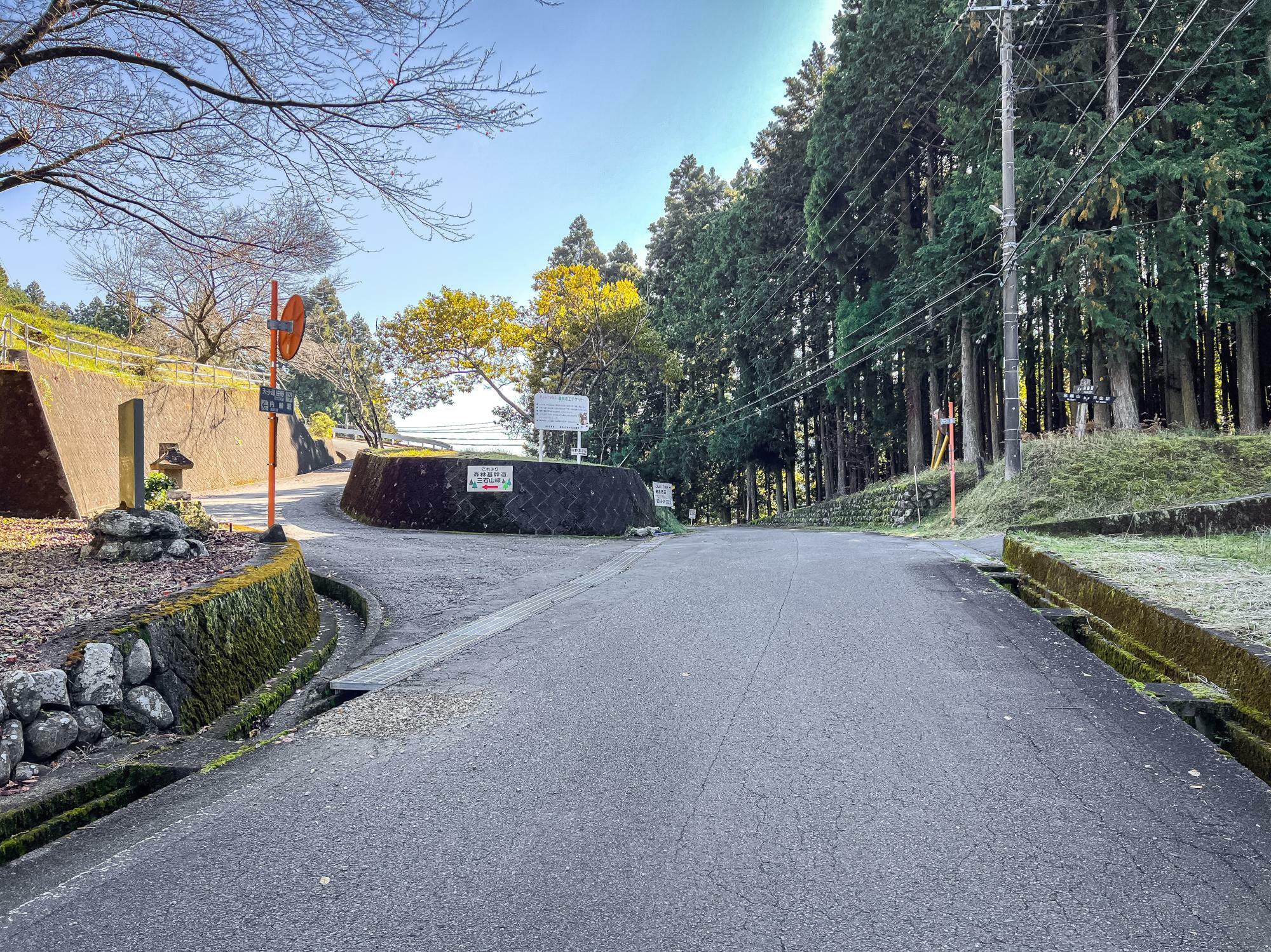 写真左手に日蓮宗源立寺が在ります。森林基幹道三石山線は左の道へ