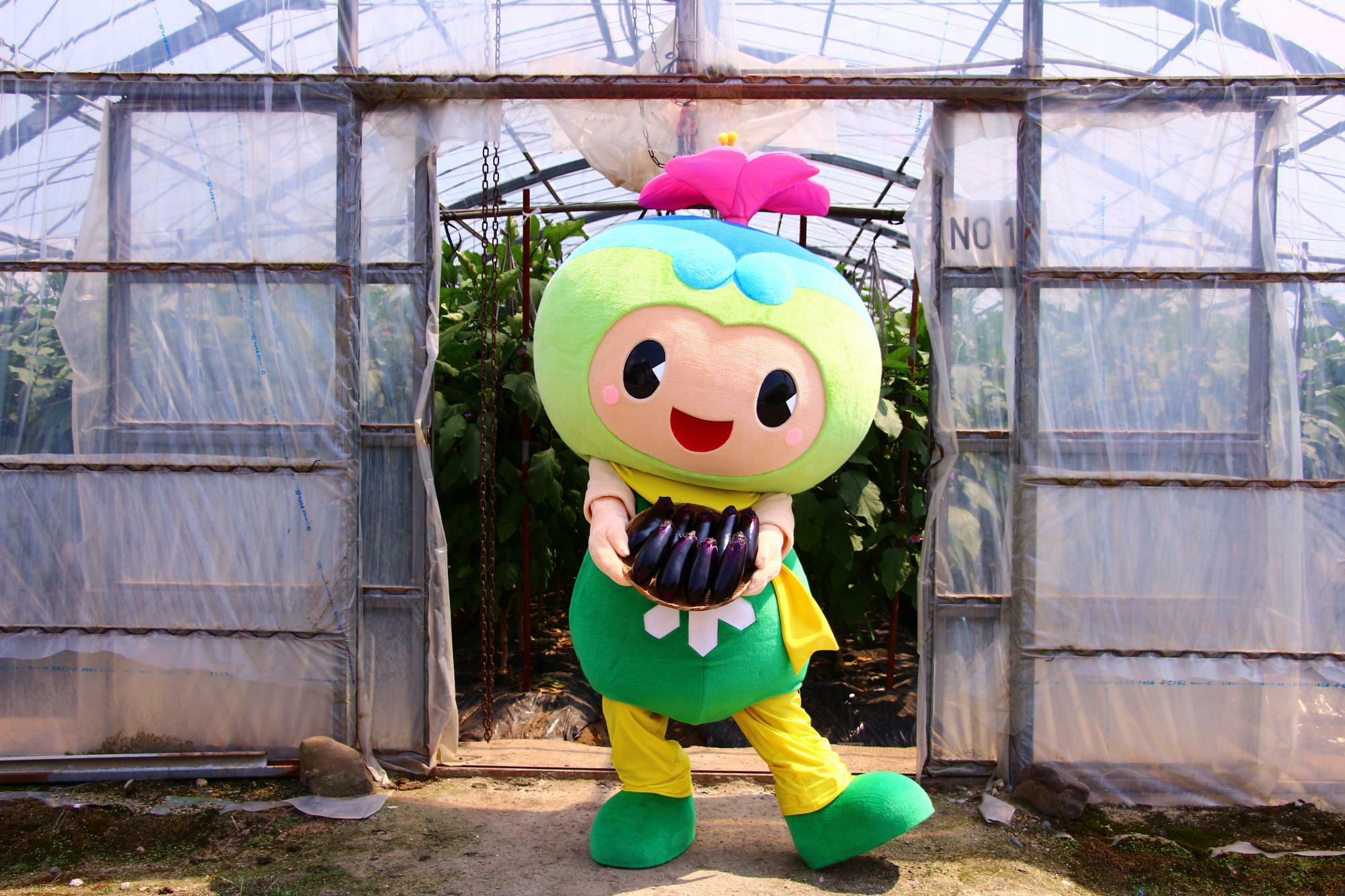 大好きな野菜の収穫物を手にうれしそうな「とっぴー」画像提供：富田林市都市魅力課