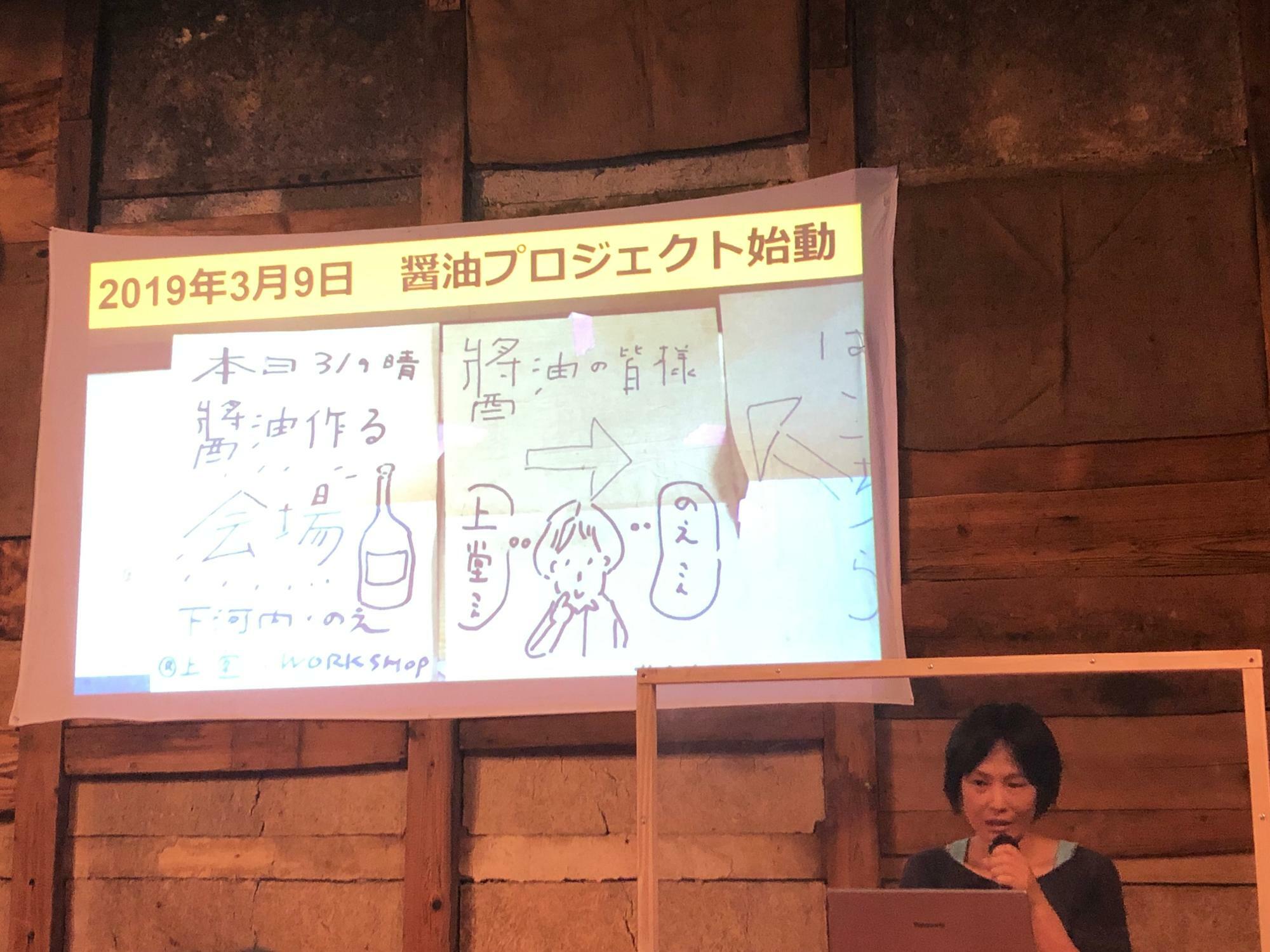 上堂本店での醤油プロジェクトを説明する下河内麹屋の志賀野恵さん