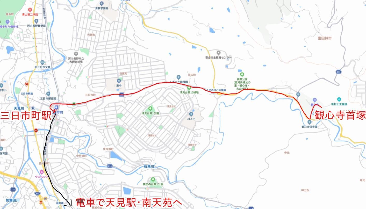 赤線が今回楠木正成甲冑隊が歩いたルート