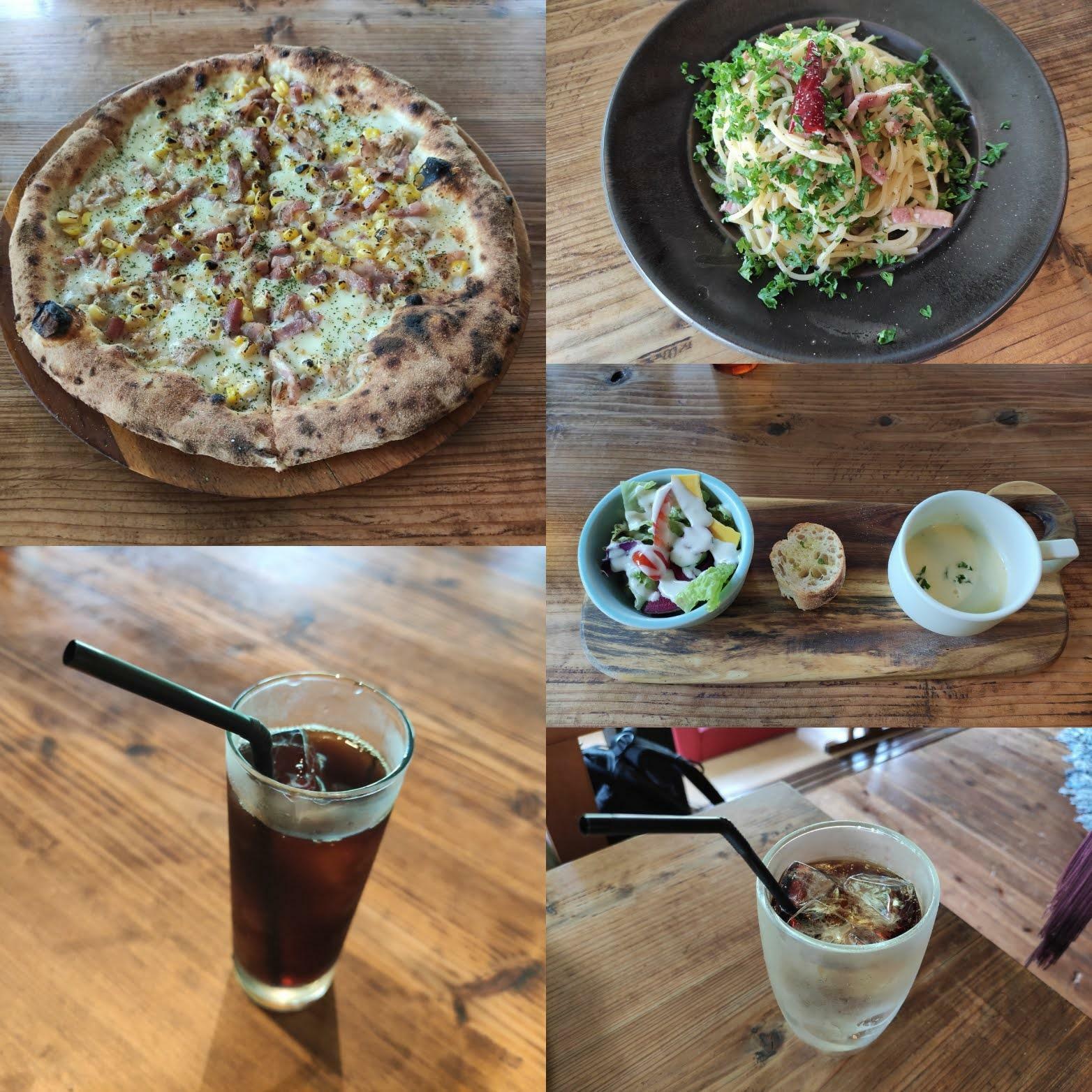 注文したパスタとピザ、それぞれのランチセット ピザはバンビーノ(ツナ・コーン・ベーコン)、パスタはパセリとベーコンのペペロンチーノ