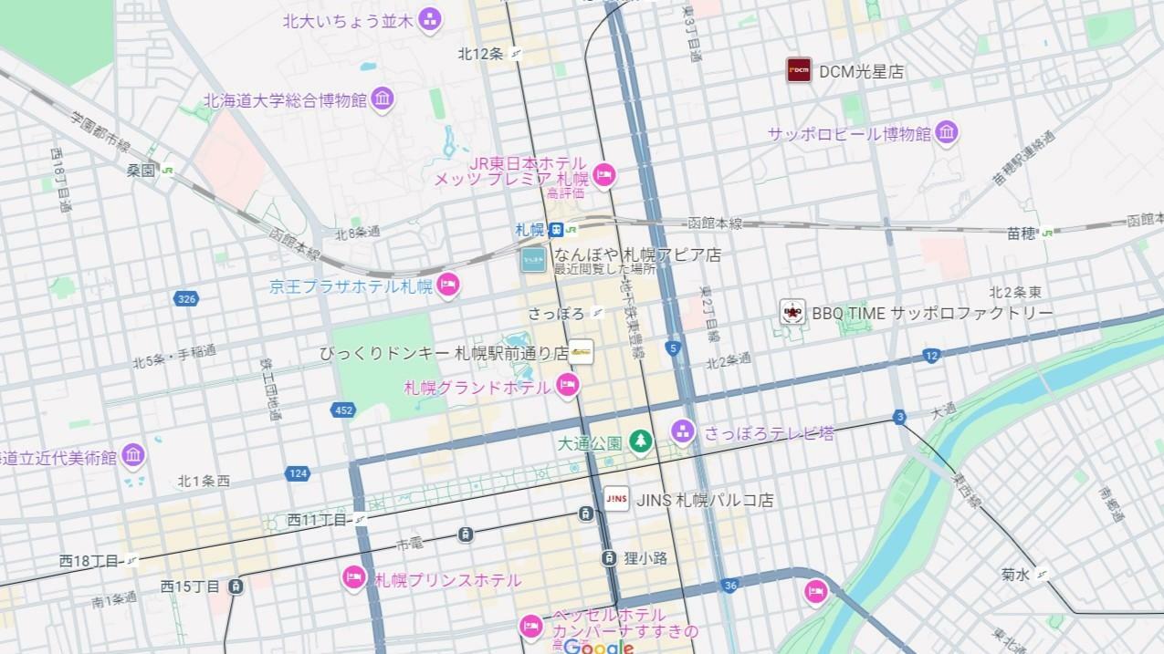 札幌中心部の地図 (Google Map)