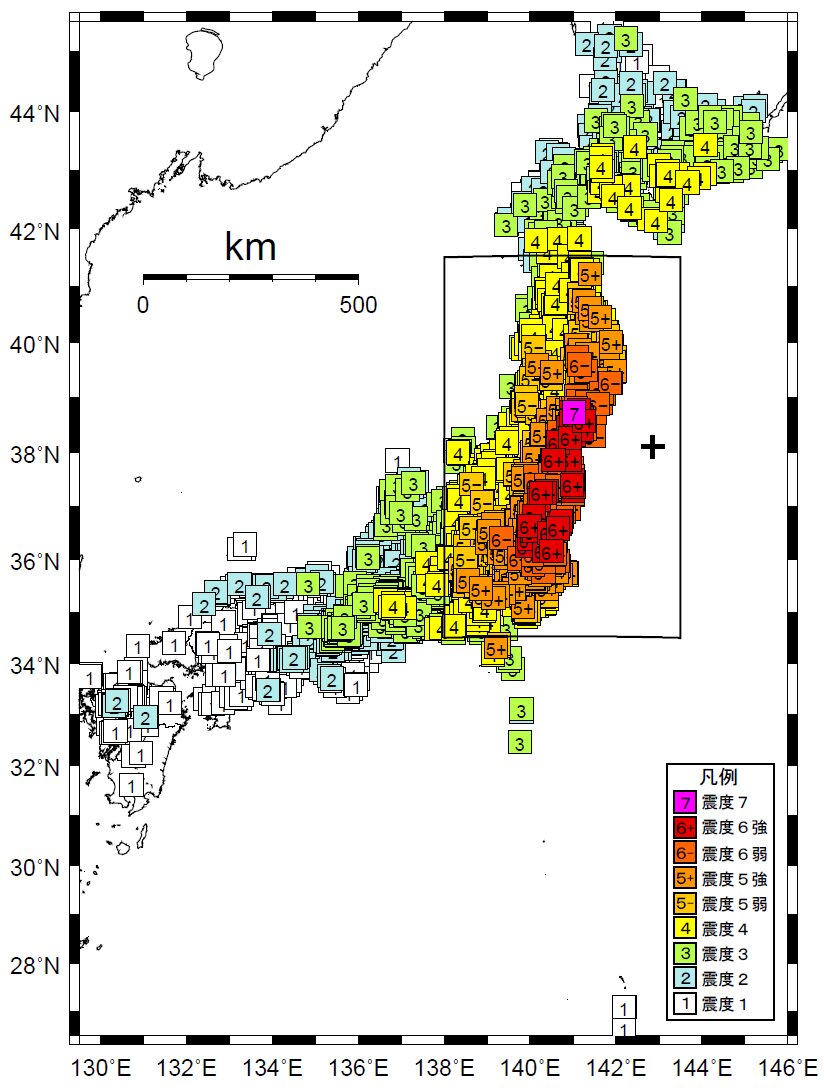 東日本大震災　震度分布図
