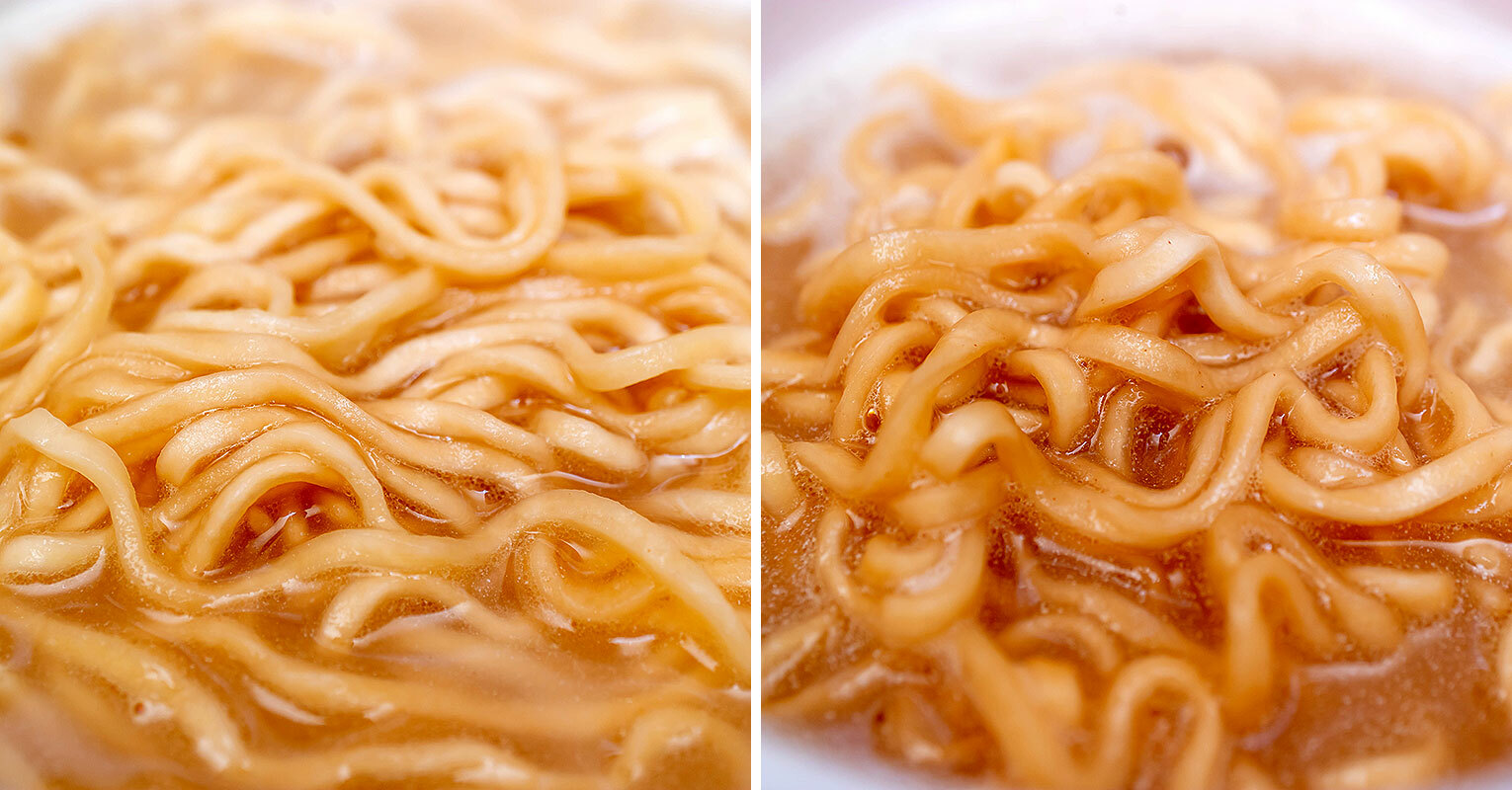 「ブタメンBIG」（左）と「ブタメン とんこつ味」（右）の麺の違い