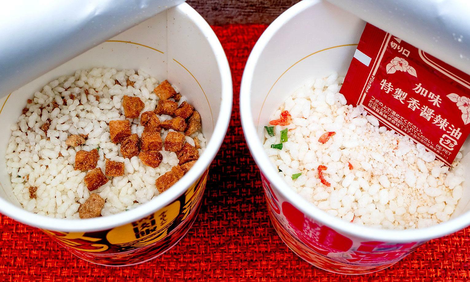 「魯肉飯」（左）と「鹹豆漿粥」（右）の内容物