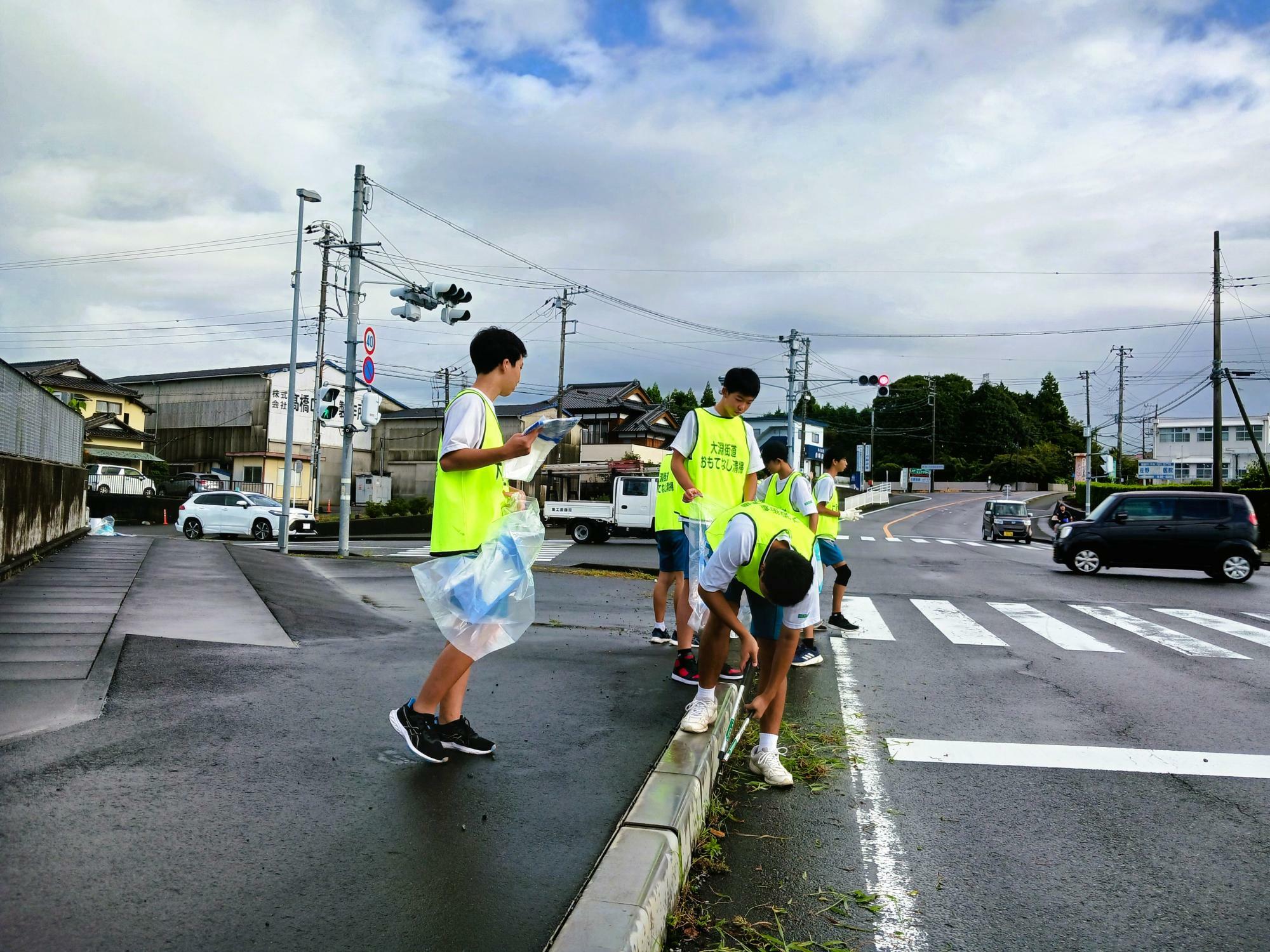 車のいない隙を狙って道路に飛び出した草をカットします