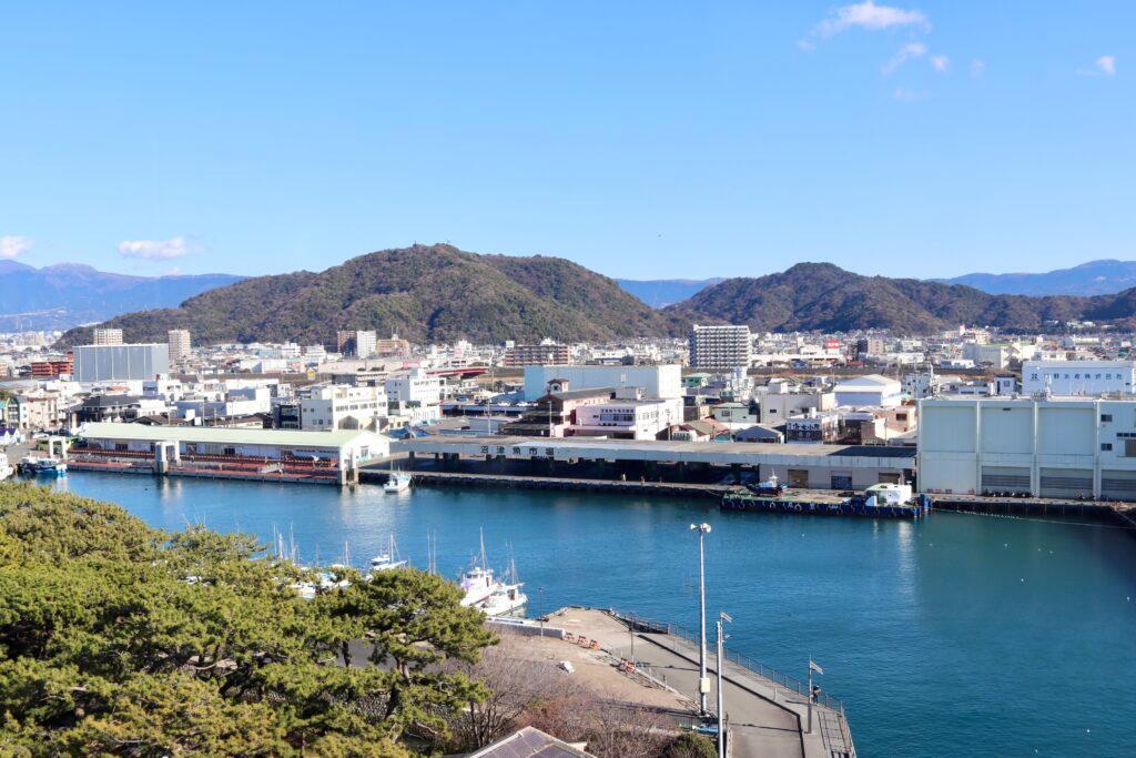 沼津港の建物や香貫山も見えます