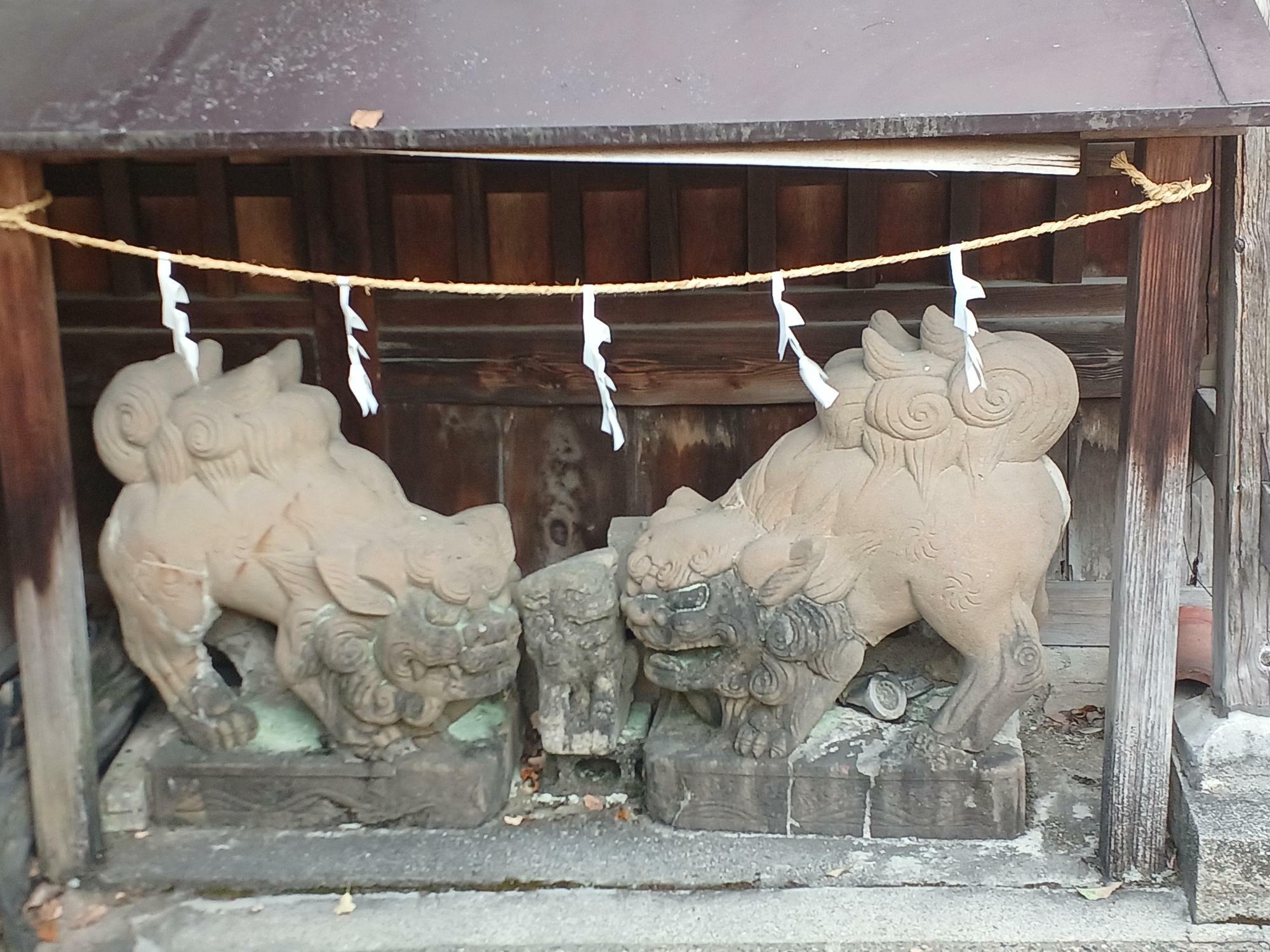 神社本殿の横に置かれた対の狛犬