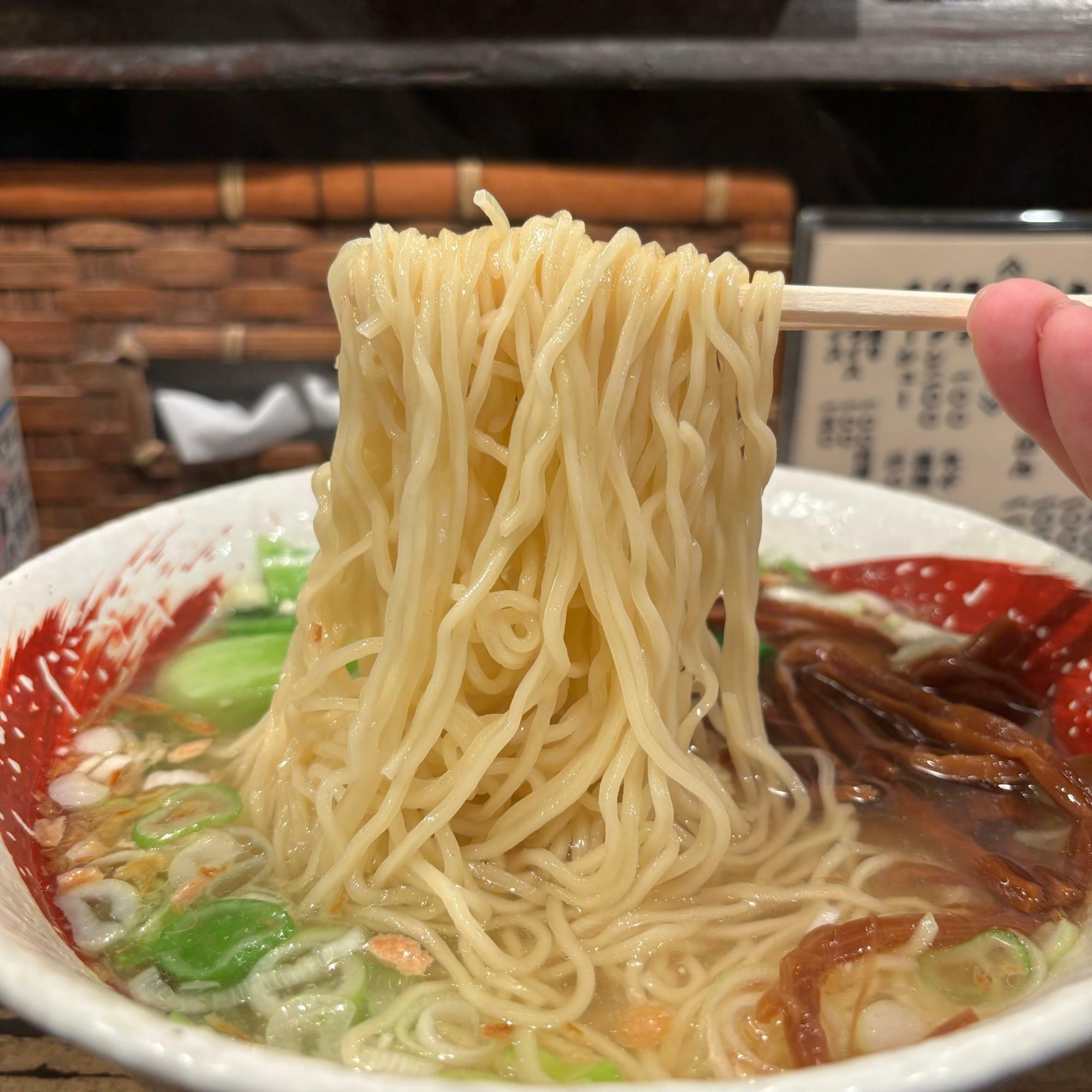 幅の広いドンブリに余すことなく麺、スープ、トッピングが広がっています。